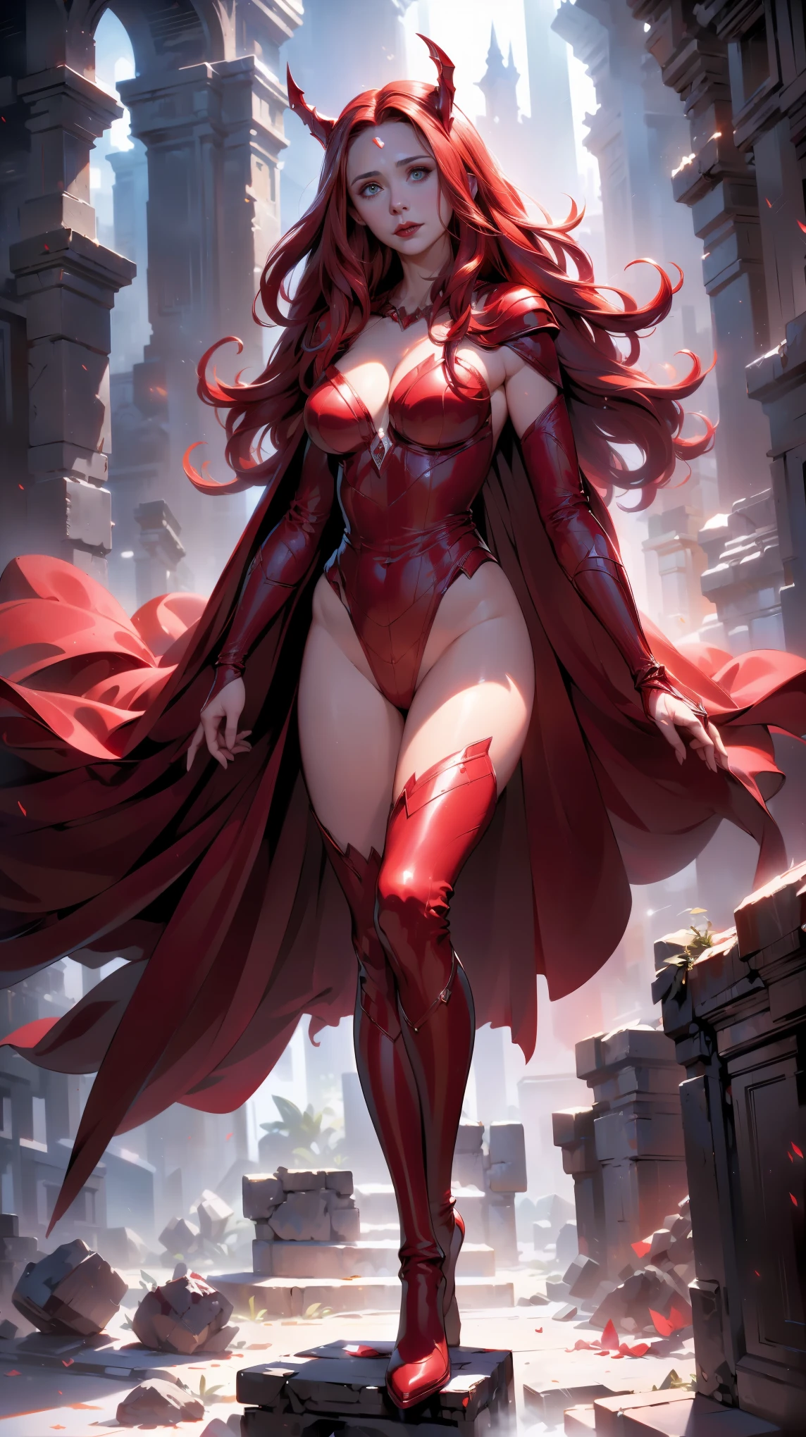 best quality,ultra-detailed,realistic,(sexy scarlet witch) ,beautiful detailed eyes, beautiful detailed lips,( long red hair:1.4) , (witch costume:1.4) , glowing magical powers, intense gaze, confident posture, dark and mysterious background, vibrant colors, enchanting art style, dramatic lighting, ,(Fondo de ruinas de mazmorra en ruinas cyberpunk :1.4 ),( Scarlet Witch:1.4), (perfect anatomy :1.4),( cinematic lighting :1.4), score_9, score_8_up, score_7_up, score_6_up, rating_explicit, 1girl, ((18YO:1.2)), Adult, full lips, big clear eyes, light blue eyes, (( hair:1)), (long wavy hair: 1.2),(Elizabeth Olsen:1.4), (Elizabeth Olsen V2.1), (face detailed :1.4), ,(Fondo de ruinas de mazmorra en ruinas piedras grandes :1.4 ), (estilo encaje lingerie red:1.4),( perfect anatomy V2.1),( dedos hermosos :1.4) 