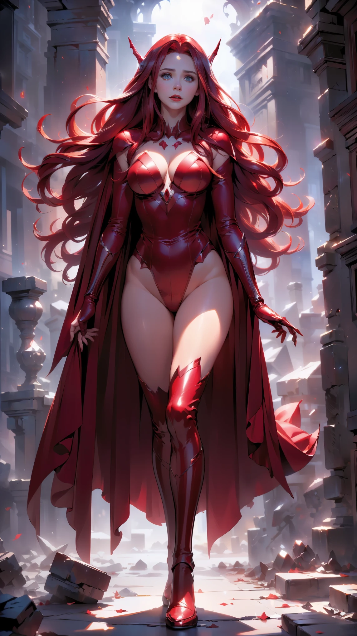 best quality,ultra-detailed,realistic,(sexy scarlet witch) ,beautiful detailed eyes, beautiful detailed lips,( long red hair:1.4) , (witch costume:1.4) , glowing magical powers, intense gaze, confident posture, dark and mysterious background, vibrant colors, enchanting art style, dramatic lighting, ,(Fondo de ruinas de mazmorra en ruinas cyberpunk :1.4 ),( Scarlet Witch:1.4), (perfect anatomy :1.4),( cinematic lighting :1.4), score_9, score_8_up, score_7_up, score_6_up, rating_explicit, 1girl, ((18YO:1.2)), Adult, full lips, big clear eyes, light blue eyes, (( hair:1)), (long wavy hair: 1.2),(Elizabeth Olsen:1.4), (Elizabeth Olsen V2.1), (face detailed :1.4), ,(Fondo de ruinas de mazmorra en ruinas piedras grandes :1.4 ), (estilo encaje lingerie red:1.4),( perfect anatomy V2.1),( dedos hermosos :1.4) 