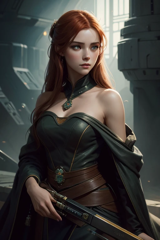 Senator Valeria Caelius, sénatrice dans l'univers de Star Wars, cheveux long auburn, yeux verts, autoritaire, elegant, Distinguished, vétéments brodés classes, regarde la caméra. very detailed, digital painting, ArtStation, Art conceptuel, lisse, mise au point nette, illustration, Illustration par Wlop, Charlie Bowater et Alexandra Fomina.