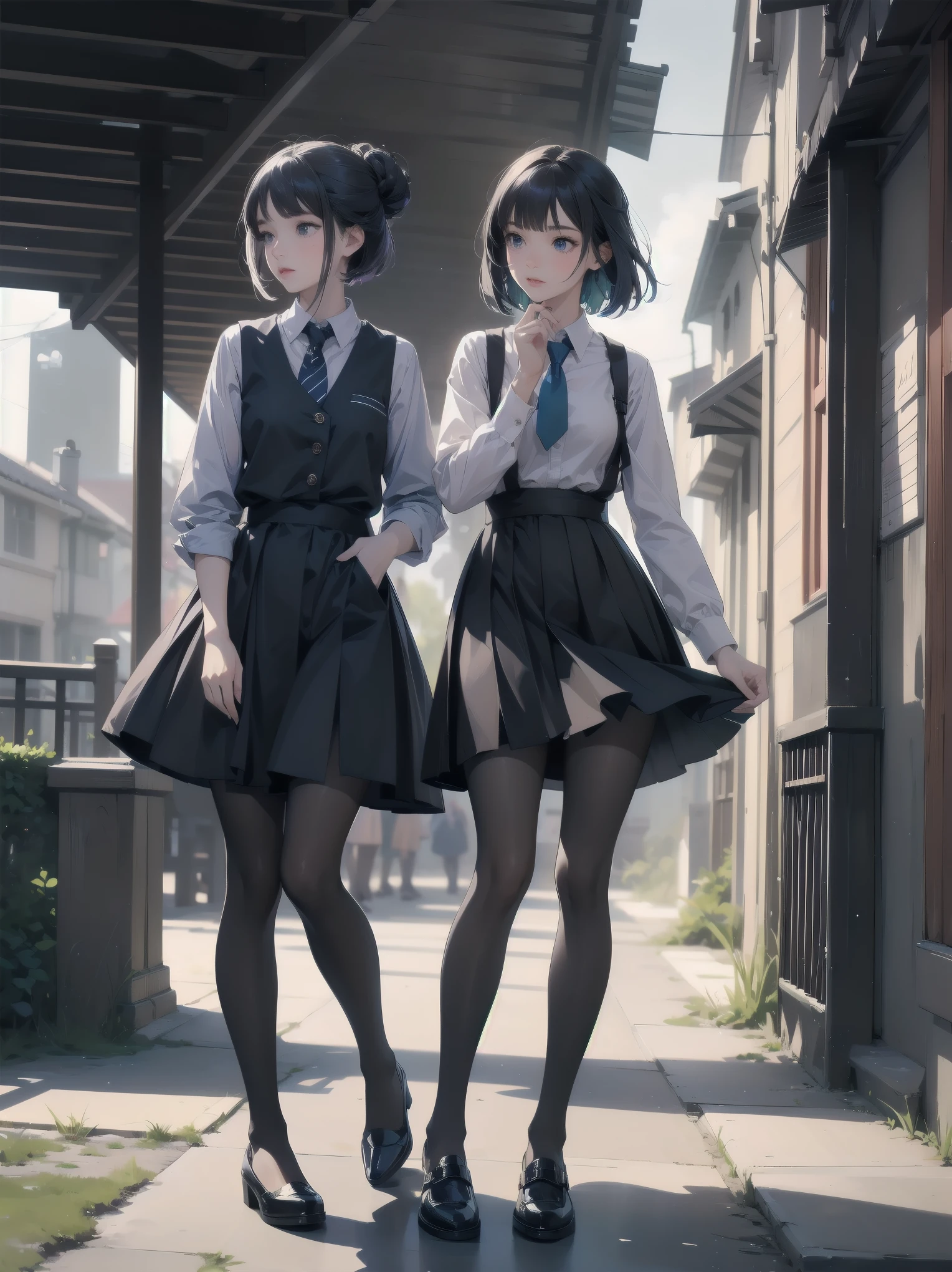 Masterpiece, high quality, high resolution, perfect face, realistic skin texture, young girl, alone, solo, ta, chibi, feminine fashion, focused gaze, bangs, skirt, long sleeves, uniform, full body, black pantyhose, outdoor, shoes, seraphook, bangs, blurred, stylish skirt, Black pantyhose, hair in a bun, unusual nostalgic view of the world, fine cobblestones, distant background, artistic shading, best illustration of a beautiful woman, resting head, girl making a mocking gesture, movie scene, expressive actor
Blake.
akane kurokawa, 1girl, short hair, blue hair, green eyes, black hair, medium hair, white shirt, collared shirt, , vest, white shirt, sweater vest, black vest, blue necktie, one-length bob, create bangs, add some lightness to the area around the face, and leave the ends of the hair thick throughout. dark blue-purple hair, blue eyes,anime,girl,