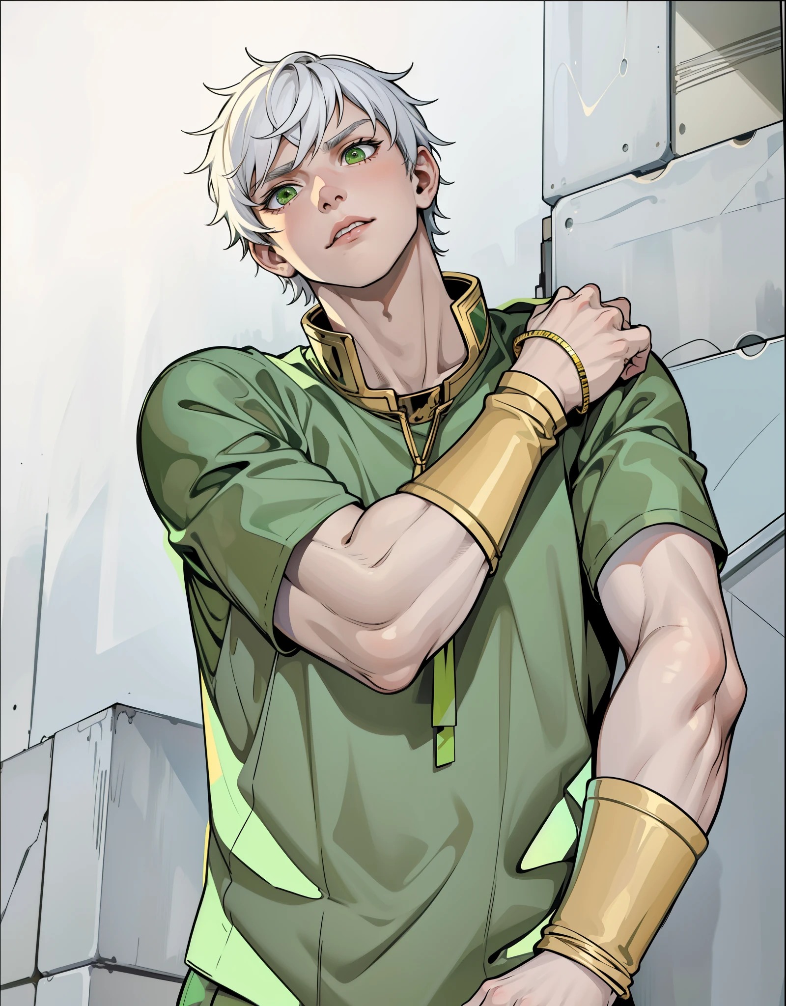 He is worried, a little scared,  young man, white hair, green eyes, golden jewelry, old green t-shirt.