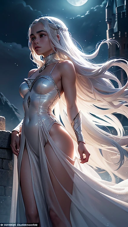 Moonlit Majesty: Daenerys Targaryen stood atop the castle walls, the moonlight casting a gentle glow over her. Her see-through dress clung delicately to her form, capturing the contours of her body in a silhouette of ethereal beauty. Her platinum hair flowed around her shoulders, merging with the shimmering fabric in the cool night breeze.