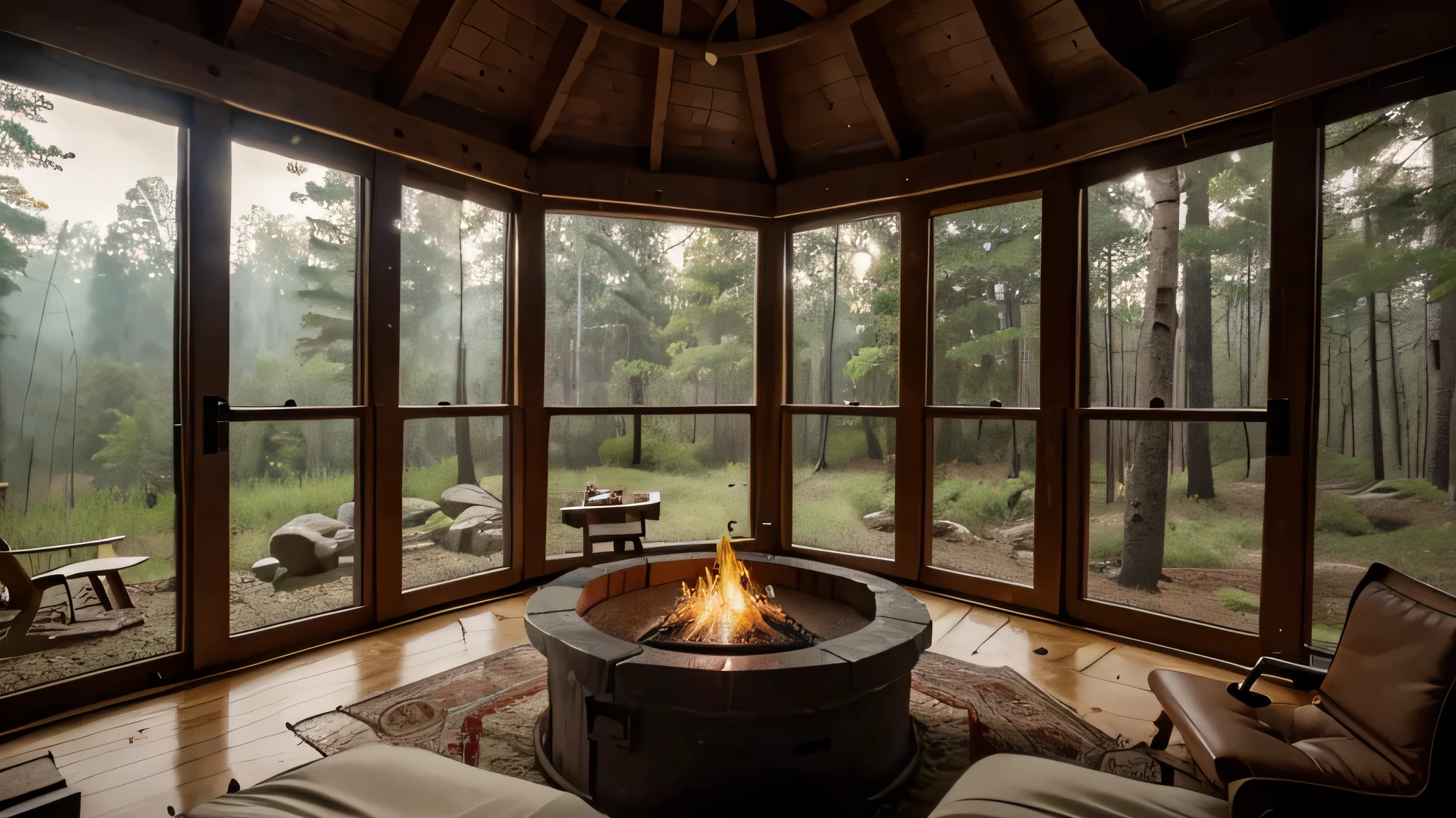 Inside of bedroom, large window, fire pit, in the middle of forest, rainy