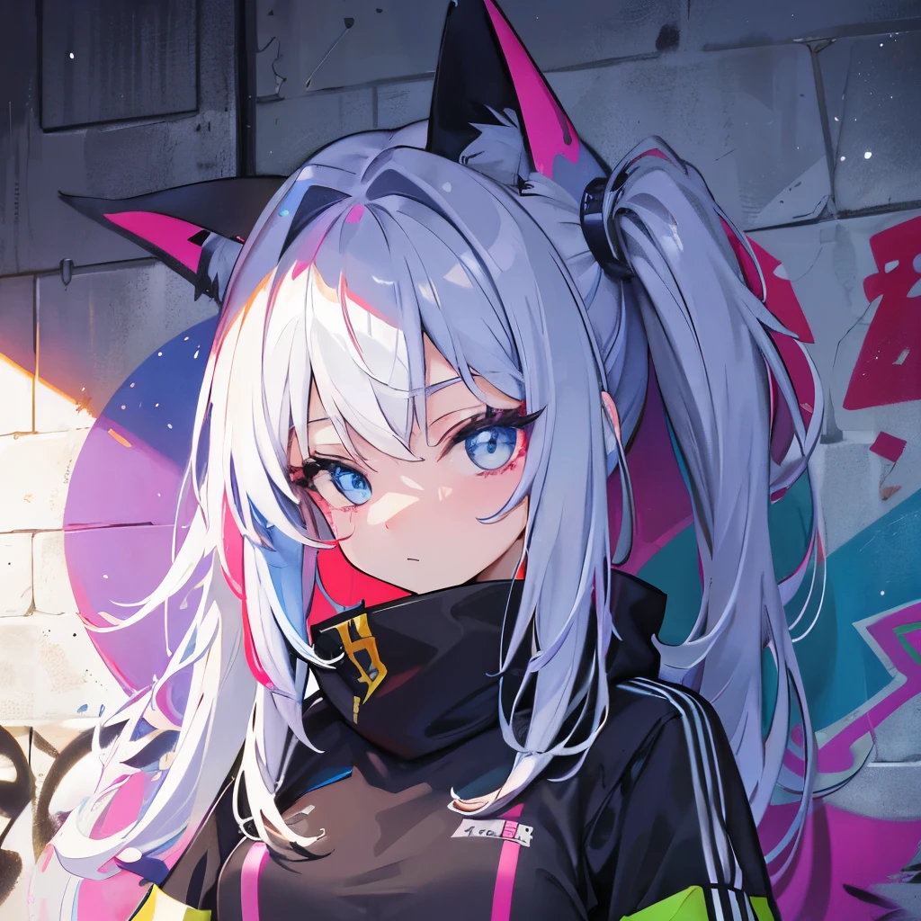 (best quality), masterpiece, extremely detailed CG uniform 8K illustration, high color, extremely high color saturation, all colors deepened, paint, graffiti art, center composition, extremely detailed light and shadow, graffiti wall, wall painted bright, 1 girl graffiti 1 girl looking at the wall, extremely detailed face and eyes, medium length hair, sportswear, colored clouds