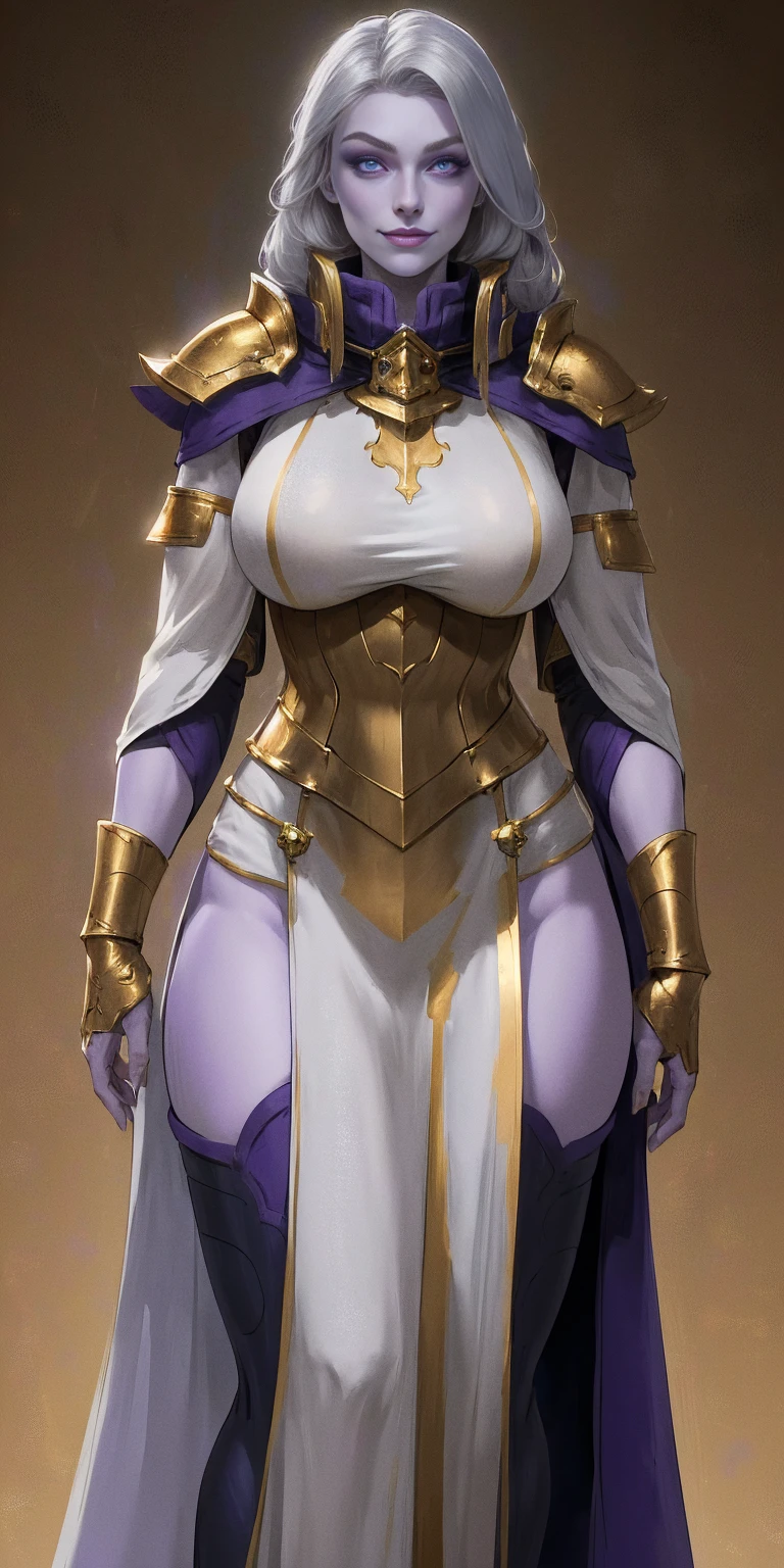 (Female drow)(chest covered)(smile) Gray skin, pale golden hair and violet eyes. They prefer clothing of white and silver with cloaks of deep blue or purple, huge_knockers, ((very precise detailed)) ((high res), Golden bracers (plain background)