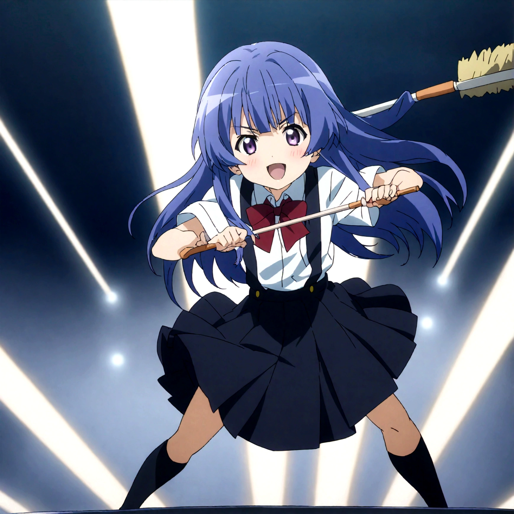 score_9,score_8, score_8_up, BREAK 1girl, solo, furude rika, (tween), kawaii, blue hair, purple eyes, long hair, blunt bangs, bangs,, bow, skirt, shirt, suspenders, smile, short sleeves, pleated skirt, white shirt, open mouth, :d, red bow, facing viewer,^_^, suspender skirt, , black skirt, collared shirt, blush, bowtie, blunt bangs, dress shirt,masterpiece, best quality, source_anime,ceiling, ceiling light, great lighting, detailed shadows, detailed body, anime artwork,anime style, key visual, vibrant, studio anime, highly detailed, anime coloring,,battle stance,fullbody,spread leg,holding mop,motion blur,motion lines,,simple background, white background.action,