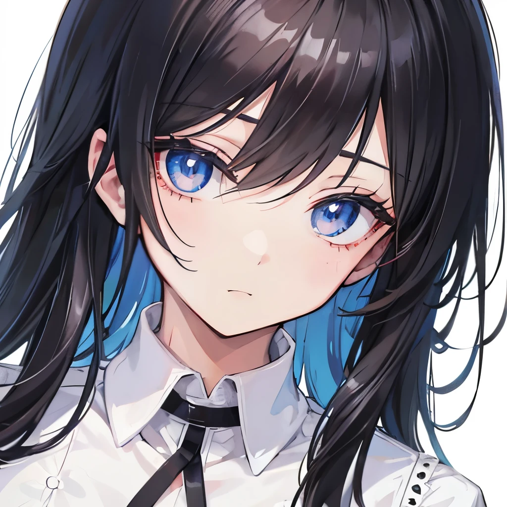 anime,(face),(beautiful detailed eyes), black hair,sliver eyes, masterpiece,looking at viewer, best_quality,white background,masterpiece,white shirt, arms behind back,  