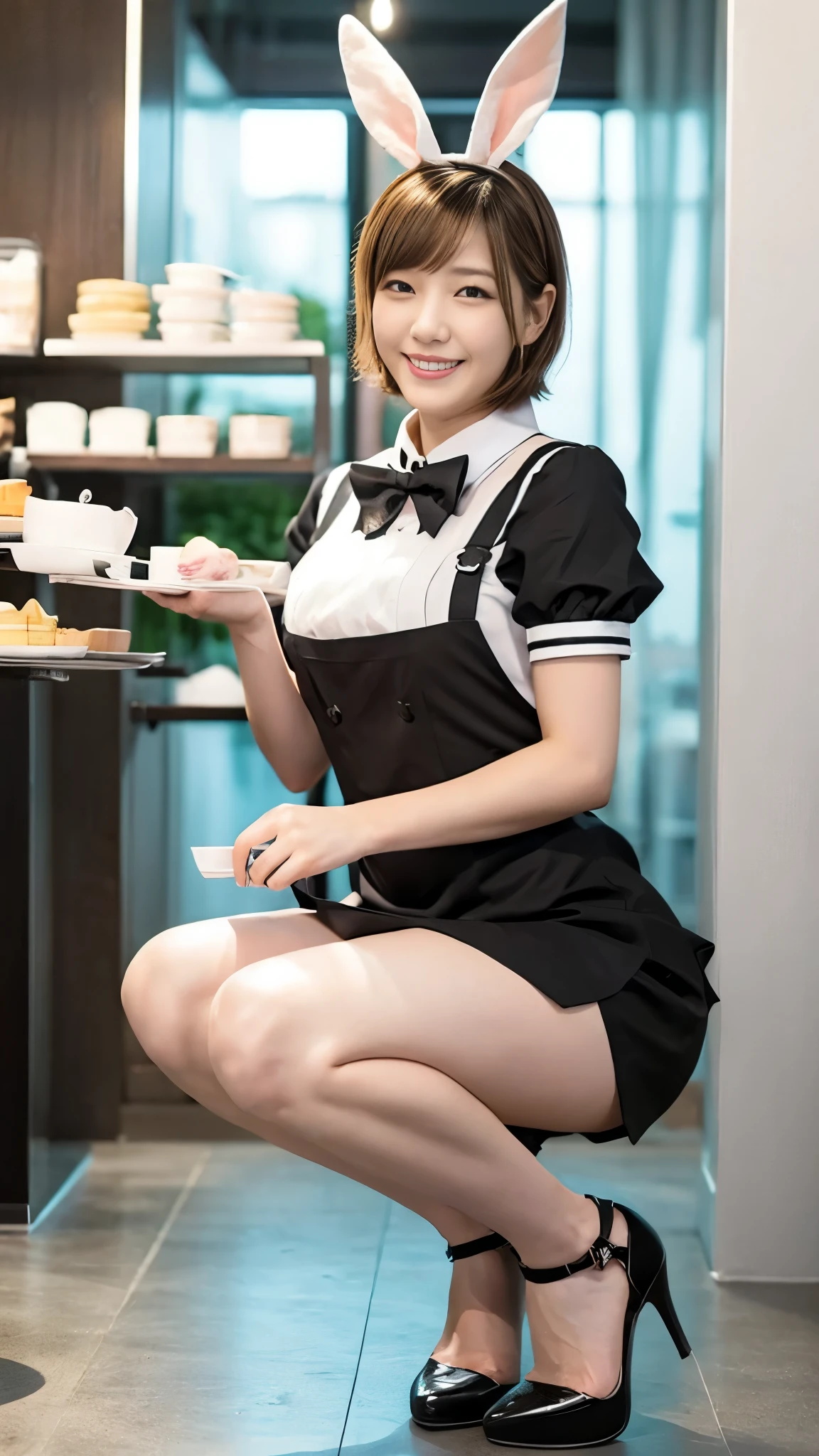 A bunny girl in a light pink maid outfit working at a maid cafe:1.5，The best smile:1.5，Full Body Shot:1.5，Gray background:1.5，Wearing black high heels:1.5，Brown hair, short cut, side wavy:1.5，Squat:1.5