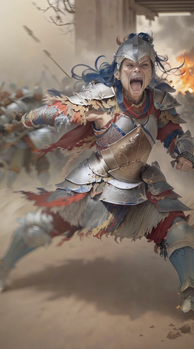((a warrior woman in armor, strong action pose, war cry, colorful:1.5)), (best quality,4k,8k,highres,masterpiece:1.2),ultra-detailed,(realistic,photorealistic,photo-realistic:1.37 ),intricate details,hyper-quality,high detail,digital painting,cinematic dramatic lighting,epic fantasy style,dynamic composition,powerful expression,muscular physique,flowing cape,shining metal armor,piercing gauze,battle-ready stance