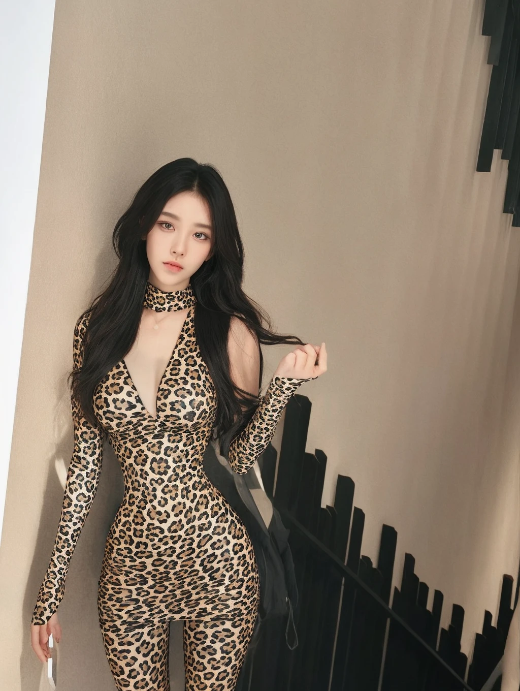((((highest quality))))、(((Ultra-precision CG16K wallpaper)))、(((masterpiece)))、(((Super detailed)))、(((super extreme details)))、1people's women、mature woman、24 year old woman、((Japanese face))、((very beautiful face))、((Zuo々Ki Nozomi:1.5))、((straight long ponytail hair:1.3))、(shiny brown hair)、bangs up to eyebrows、beautiful brown hair、beautiful delicate eyes、brown eyes、raised eyebrows、high nose、small nostrils、small mouth、seductive lipouth slightly open、beautiful breasts、((C cup size breasts))、cleavage、plump body、(Chubby body type)、perfect proportions、perfect anatomy、perfect composition、beautiful detailed shading、beautiful natural lighting、beautiful detail glow、Depth of the bounds written、soft focus、(((High chroma)))、(((real:1.9)))、((vivid:1.5))、((edge:1.6))、((beautiful skin))、((skin texture))、((realな皮膚感))、(((cowboy shot、Thigh:1.5)))、((Angle seen from the front:1.5))、((smile:1.4))、(Eyes looking at me:1.5)、Bright daylight、(((brick wall:1.3)))、(standing pose:1.5)、(((leopard pattern、high neck、long sleeve、rib、body fit dress clothing:1.6)))、(((ultramarine blue、pleated miniskirt clothing:1.6)))、((headband、Wearing earrings:1.3))、