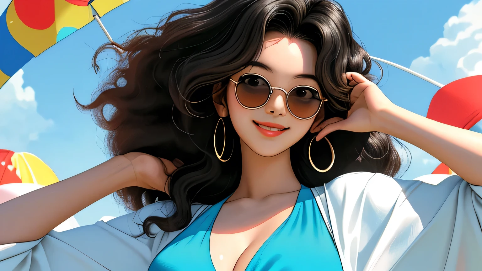 (masterpiece, best quality, 8k wallpaper, high resolution, ultra-realistic),, 1 Japanese girl, 20 years old, afro hair, sunglasses (masterpiece: 1.2, best quality), (realistic, photorealistic: 1.4), (masterpiece, best quality), looking at you, swimsuit, cleavage, D cup, sexy pose, dynamic pose, full body, white skin, black hair, looking forward, smiling, 1970s sunglasses, background avant-garde pattern