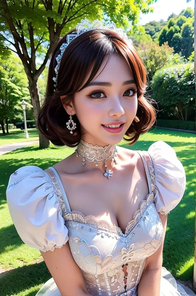 (nsfw), sexy stylish Thai model, only 1 female, ((doll-like appearance)), short Auburn stylish hair, ((shiny Victorian-Style boots)), (big smile), ultra detailed eyes, vivid eye makeup, lipgloss, long lashes, defined eyebrows, ((sexy Paradise Kiss cosplay)), bell-shaped skirt, petticoats, high neckline, puffed sleeves, ((ultra detailed lace)), ((ultra detailed embroidery)), intricate details, Paradise Kiss accessoires and matching headpiece, choker, ((large sparkling Paradise Kiss jewelry)), cinematic light, detailed large park background with trees