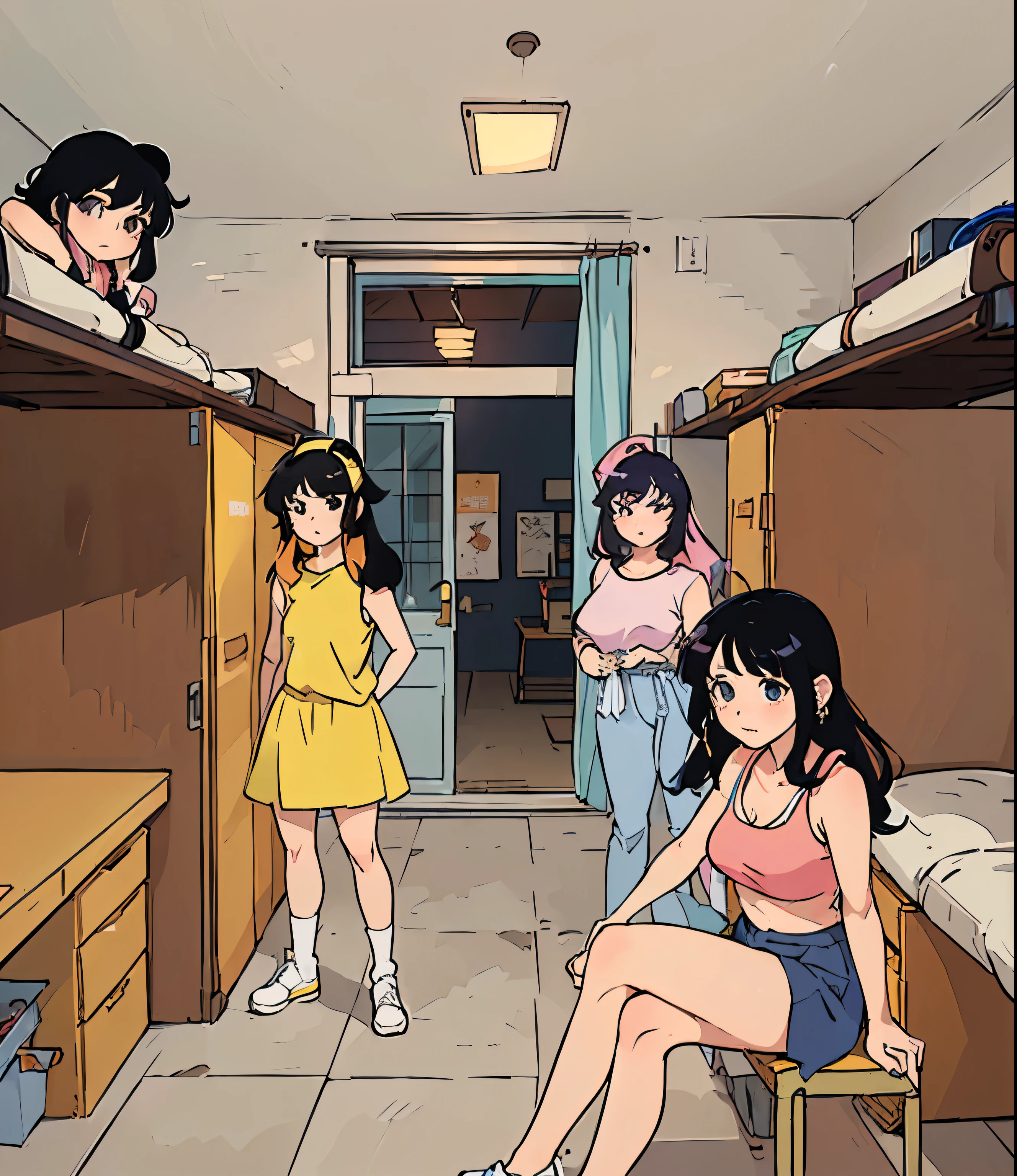 Cartoon of a group of girls in a room with a door, Japan Anime style, 80s anime art style, 1980's anime style, modern anime style, Anime style, In an apartment in Japan, Anime style, Urban girl fan art, Madhouse Studio Anime style, 80s anime style, ecchiAnime style