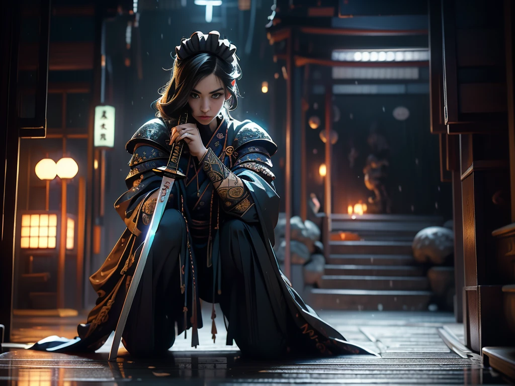 Maid、Female Warrior、日本伝統の着物を着た美しく繊細なMaid、(Holding the Japan sword:1.4)、(Put on Armor:1.4)、(Maidの動きをモーションブラー効果で表現:1.5)、Dark and gloomy temple background at night、(highest quality、4k、8k、High resolution、masterpiece:1.2)、Super detailed、(Real、Photorealistic、Photorealistic:1.37)、詳細なMaid、Dark and moody lighting、Cinematic composition、Highly detailed intricate patterns on kimono、Flowing fabric movement、Dramatic shadows and highlights、A calming color palette、Samurai girl