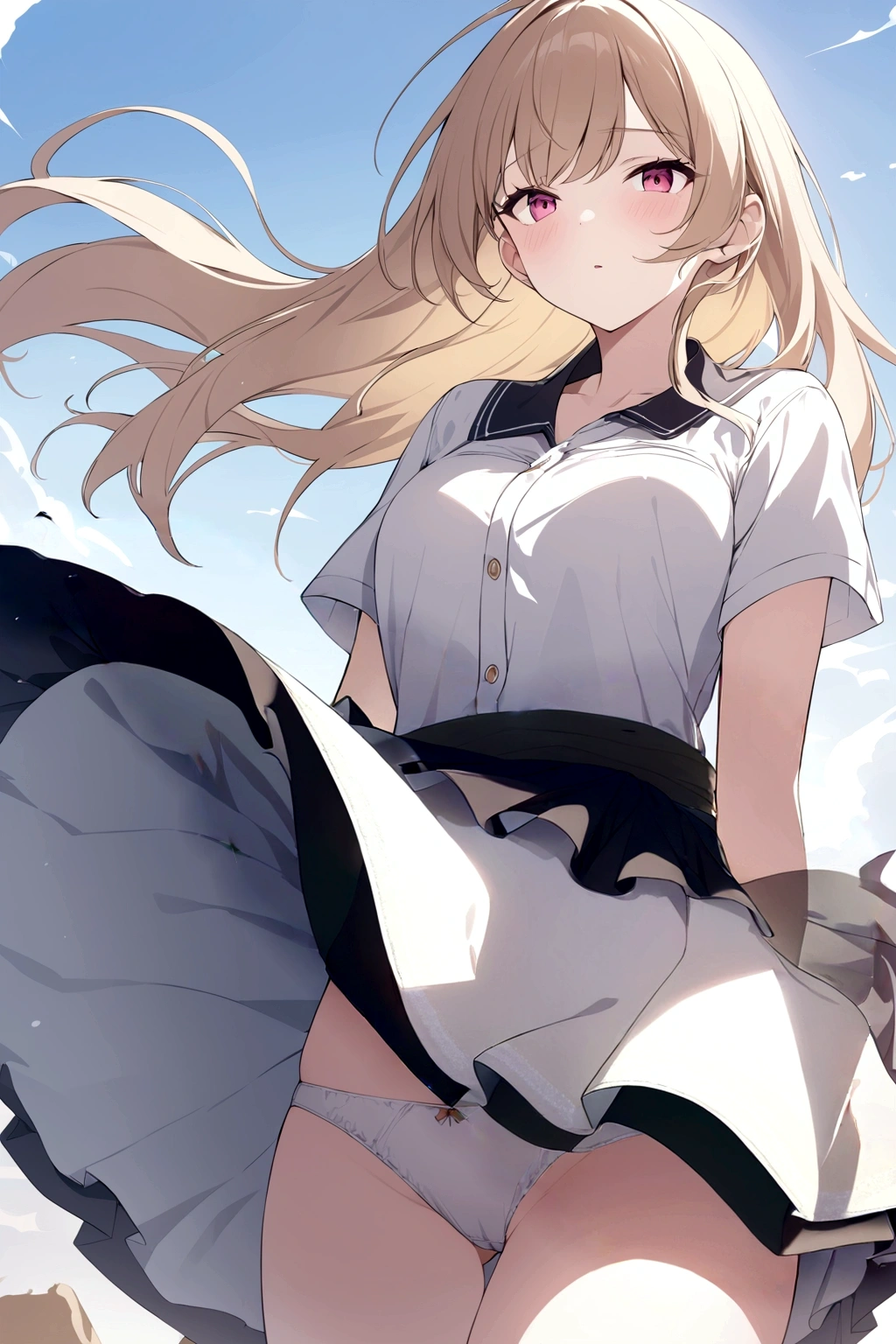 
The strong wind is blowing her skirt up、White lace lining is visible、
