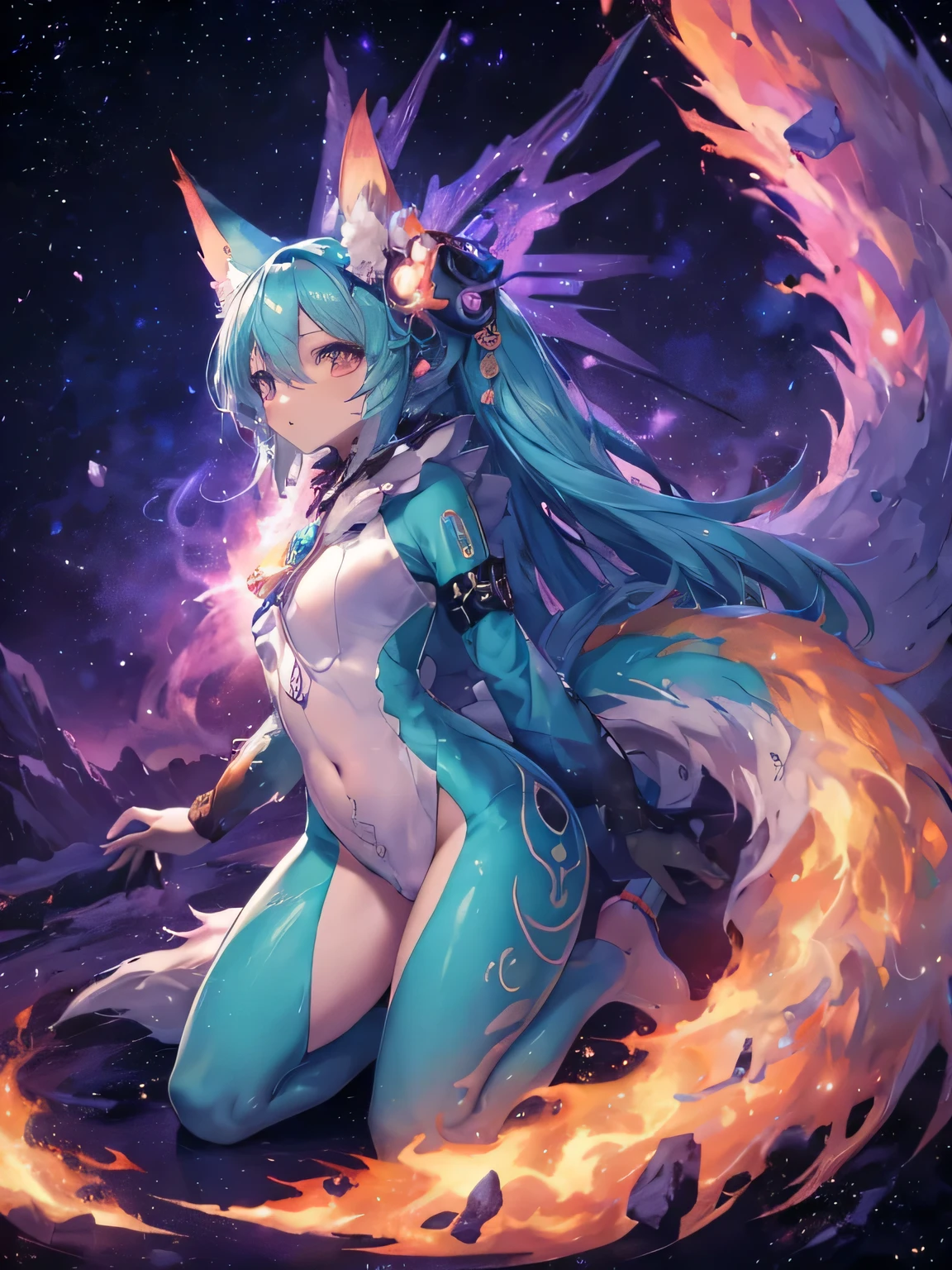 Miku Hatsune, agua&blanco, alta definicion, orejas de kitsune, tatuaje dorado, tatuaje tribal, vista cuerpo completo, patas hermosas,mirada intimidante, Ojos azules profundos, aura magica, kitsune espacial, mystical aura, mystical aura, cola larga y esponjosa, ojos potenciados, aura espacial, chica divina, dios kitsune, divinidad espacial, multiple colorful space, galactic landscape, dark aura magica, magia galaxia
