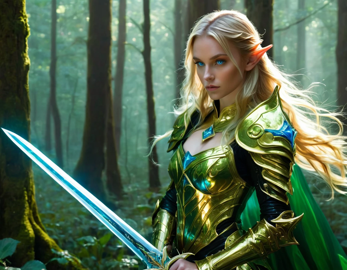 1beautiful girl,  solo，female swordmatomically correct，Blonde hair and blue eyes，Long hair，Elf ears，jade/gold Armor，Transparent armor，side view，Hold the hilt of a sword in your hand，The blade glows，(body formed by galactic liquid mauevine and black metallic paint twisting into a beautiful interpretation of the female ), front view, fullbody， ((Best quality)), ((Masterpiece)), ((Realistic))，UHD，evil forest background,ezh，Tyndall effect