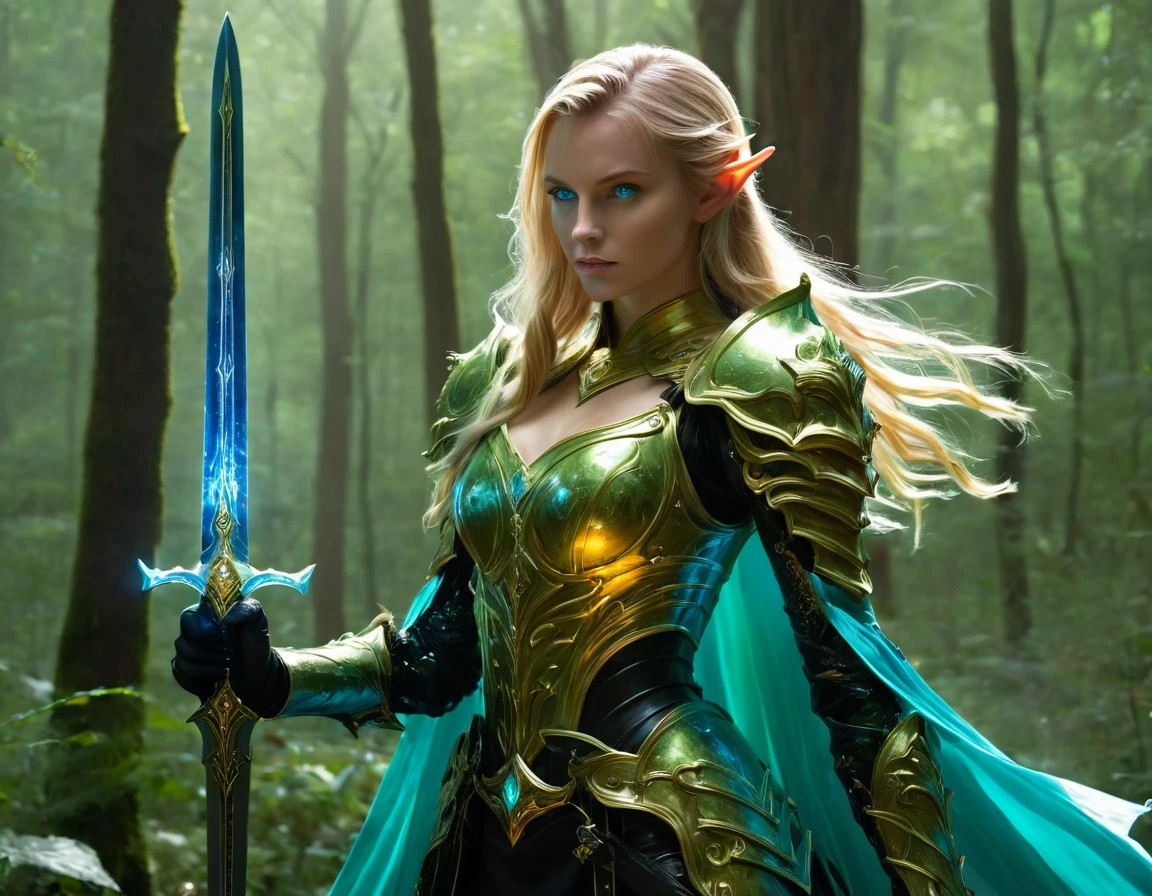 1beautiful girl,  solo，female swordmatomically correct，Blonde hair and blue eyes，Long hair，Elf ears，jade/gold Armor，Transparent armor，side view，Hold the hilt of a sword in your hand，The blade glows，(body formed by galactic liquid mauevine and black metallic paint twisting into a beautiful interpretation of the female ), front view, fullbody， ((Best quality)), ((Masterpiece)), ((Realistic))，UHD，evil forest background,ezh，Tyndall effect