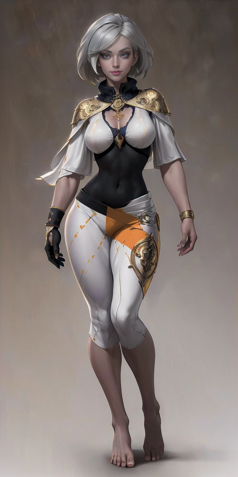 [bea] [pokemon] (dark-toned skin) (cute grey eyes) ((solo portrait)) ((full body)) ((front view)) ((feet visible)) ((detailed shading)) ((beautiful render art)) ((intricate details)) (chest covered)(smile)Gray skin, pale golden hair and violet eyes. They prefer clothing of white and silver with cloaks of deep blue or purple, huge_knockers, ((very precise detailed)) ((high res), Golden bracers (plain background)