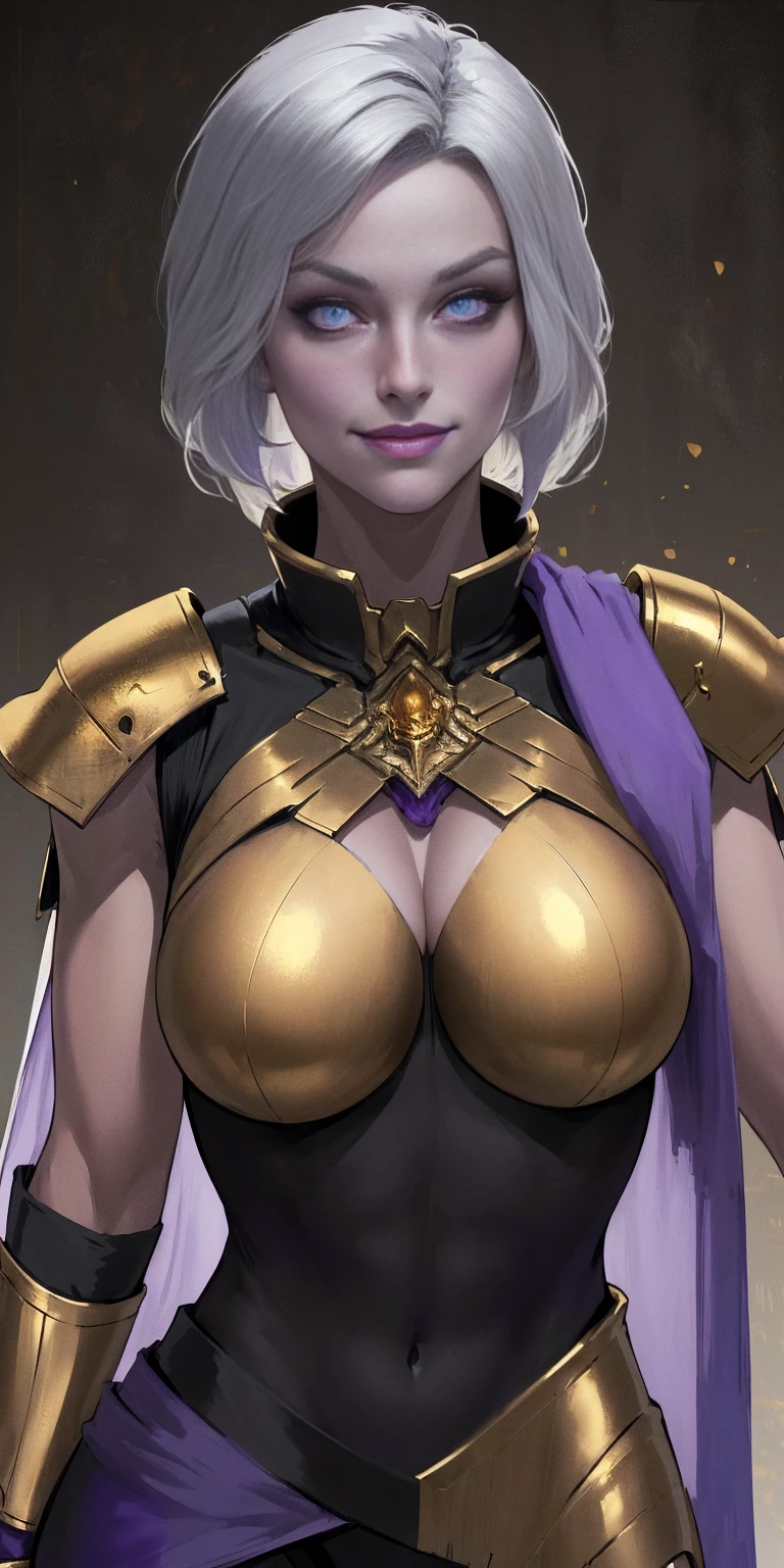 (chest covered)(smile)Gray skin, pale golden hair and violet eyes. They prefer clothing of white and silver with cloaks of deep blue or purple, huge_knockers, ((very precise detailed)) ((high res), Golden bracers (plain background)