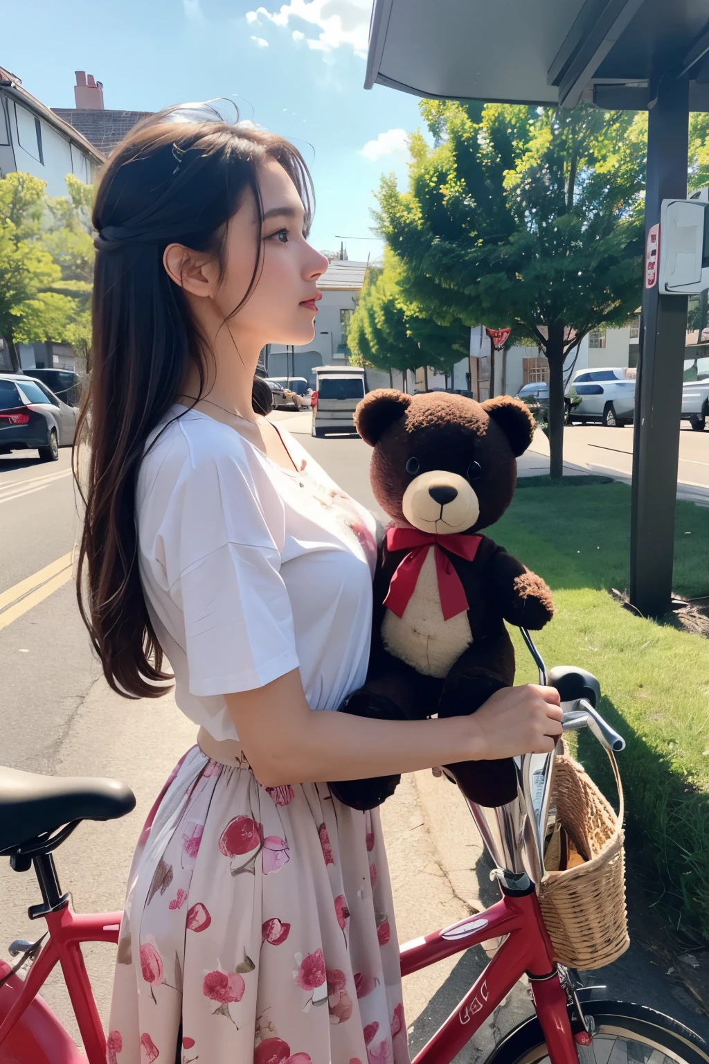 ((best quality)), ((masterpiece)), (detailed), perfect face, woman walking with Teddy bear in a basket, 🚿🗝📝, biking!!, red bike, resin drainage, 🪔 🎨;🌞🌄, 🤬 🤮 💕 🎀, Photo shoot, on a sunny day, profile image, 👰 🏇 ❌ 🍃, cottagecore!! fitness body, 😭 🤮 💕 🎀, Summer Afternoon, Brown color shirt, Pattern H long skirt,