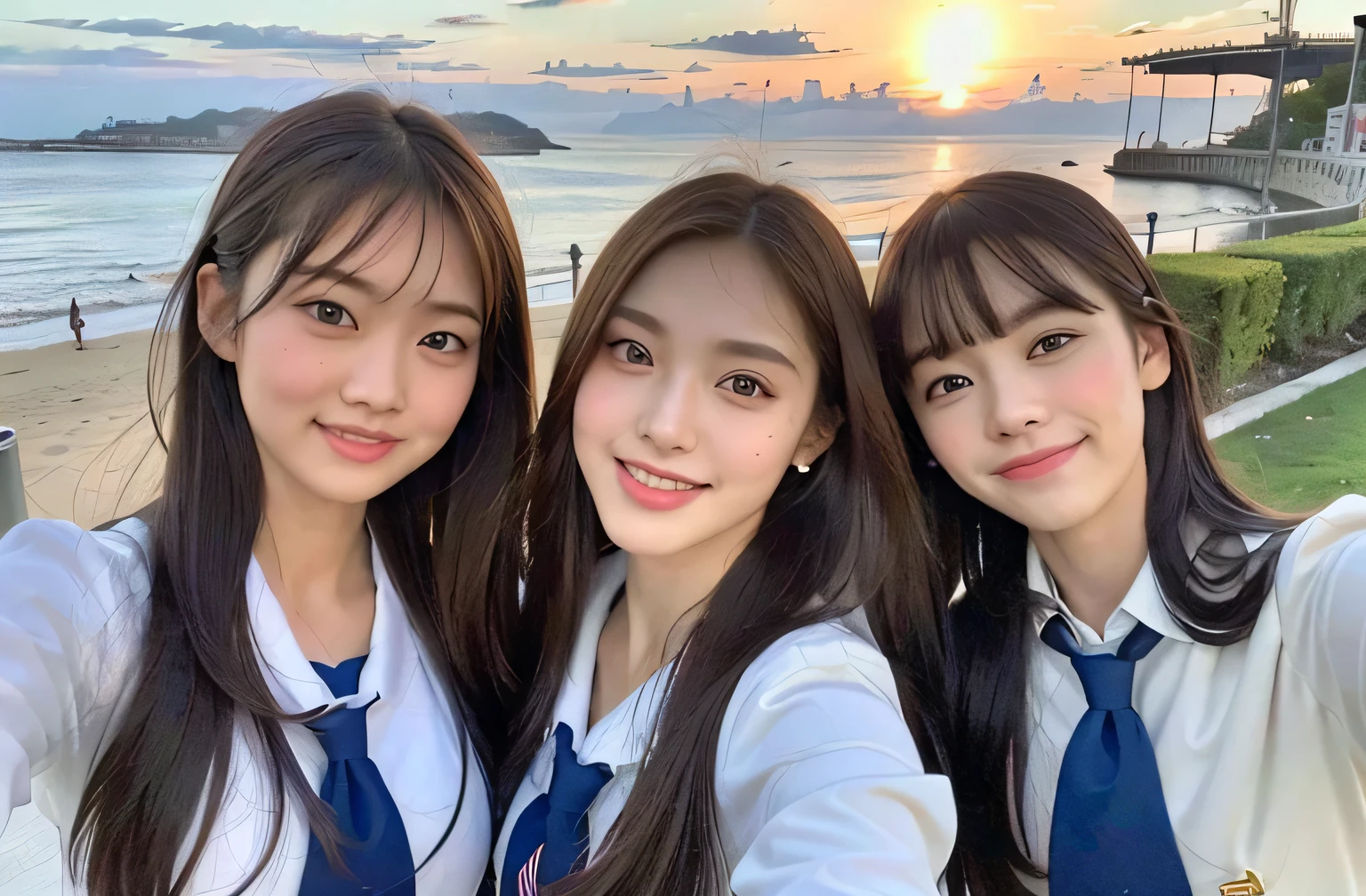 (8k、Raw photo、highest quality、masterpiece:1.2)、Ultra-detailed、Ultra-high resolution、Movie shots、(Photorealistic:1.4)、Full Body Shot、Full body photo、High-resolution RAW color photos、Professional photography、Sun Beach、Atmospheric scenery、Very detailed and beautiful、Ultra HD、8k wallpaper、Incredibly detailed、Large file size、Highly detailed beautiful girls、Highly detailed face、Highly detailed eyes、Extremely realistic skin、 Highly detailed fingers, Highly detailed nose, Highly detailed mouth, Perfect Anatomy, Highly detailed background, Very fine clothes, , cute, Famous Japanese Idols, cute, Realistic body, thin, White skin, Glowing Skin, The body is slim, Straight long hair, (Blunt bangs:1.2), A vivid face, Delicate eyes, double eyelid, Sailor suit、Red tie、Pink Eyeshadow、high school girl friend Smiling Hair、after school Beautiful sunset Beach Brown Hair、 Young people Celebrity-level cuteness Playing with multiple high school girls 、Spread your arms、Today's Female Proofreader