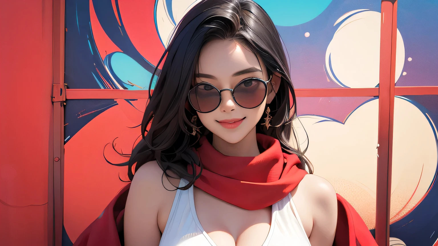 (masterpiece, best quality, 8k wallpaper, high resolution, ultra-realistic) One woman, Japanese girl, 18 years old, long hair, sunglasses, long red scarf around neck, (masterpiece: 1.2, best quality), (realistic, photorealistic: 1.4), (masterpiece, best quality), looking at you, navy blue school swimsuit, cleavage, D cup, sexy pose, kenpo pose, full body, best proportions, white skin, black hair, looking forward, smiling, 1970s sunglasses, psychedelic background