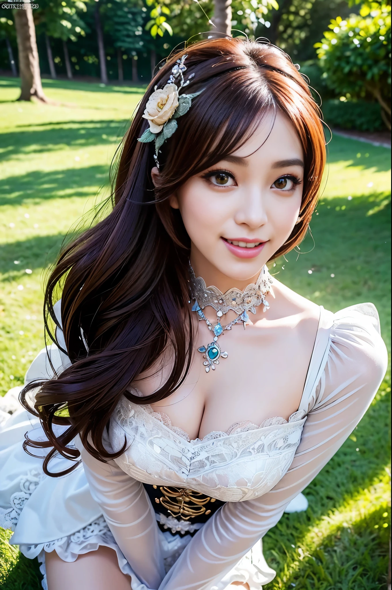 (nsfw), sexy stylish Thai model, only 1 female, ((doll-like appearance)), short Auburn stylish hair, ((shiny Victorian-Style boots)), (big smile), ultra detailed eyes, vivid eye makeup, lipgloss, long lashes, defined eyebrows, ((sexy Paradise Kiss cosplay)), bell-shaped skirt, petticoats, high neckline, puffed sleeves, ((ultra detailed lace)), ((ultra detailed embroidery)), intricate details, Paradise Kiss accessoires and matching headpiece, choker, ((large sparkling Paradise Kiss jewelry)), cinematic light, detailed large park background with trees