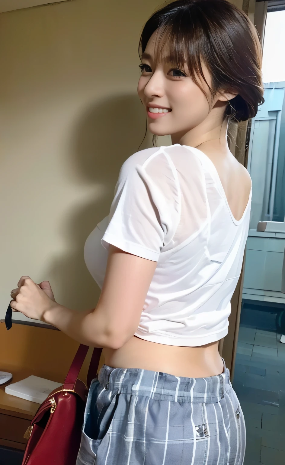 (First Person),(((Perfect anatomy with detailed depictions of the limbs))),(((Capture the essence of the action and never miss a photo opportunity))),4k,One person,Fantasy,Shiho-san with beautiful E-cup breasts and a coke bottle body,(((Side shot of a girl living alone in a 2LDK room,The morning sun is impressive,(The t-shirt and checked linen baggy pants look great.),She grabs her handbag, puts on her pumps at the front door, and walks with a smile down the street lined with buildings outside.,The Monroe Walk with her coke bottle body and slim waist is irresistible,(RAW shooting, Photorealistic:1.5, 8k, highest quality, masterpiece, Ultra-high resolution), Perfect dynamic composition:1.2, (Clear brown eyes, Beautiful erotic eyes:0.8), (Too erotic:0.9, Fascinating:0.9),Full-body photography from behind,Ultra-Realistic Skin,Beautiful expression,A handsome face with a high, straight nose, clear chestnut eyes and glossy lips.,Using a Nikon D5,Setting is F value 1.4 ISO100 Shutter speed 1/500,8Khighest quality,Use the contrast of light and shadow to create a striking photograph using darkness and the morning sun,