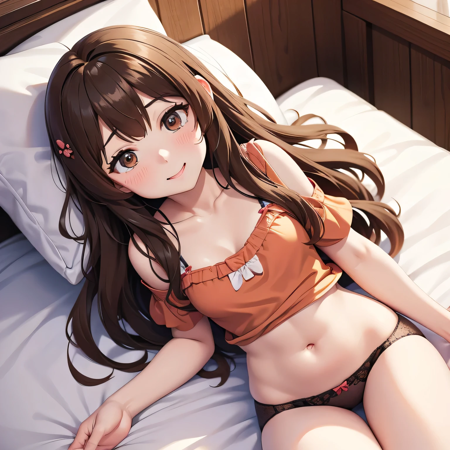 Brown long-haired。I'm in bed。I'm blushing。Looking from above。wearing underwear。Cute