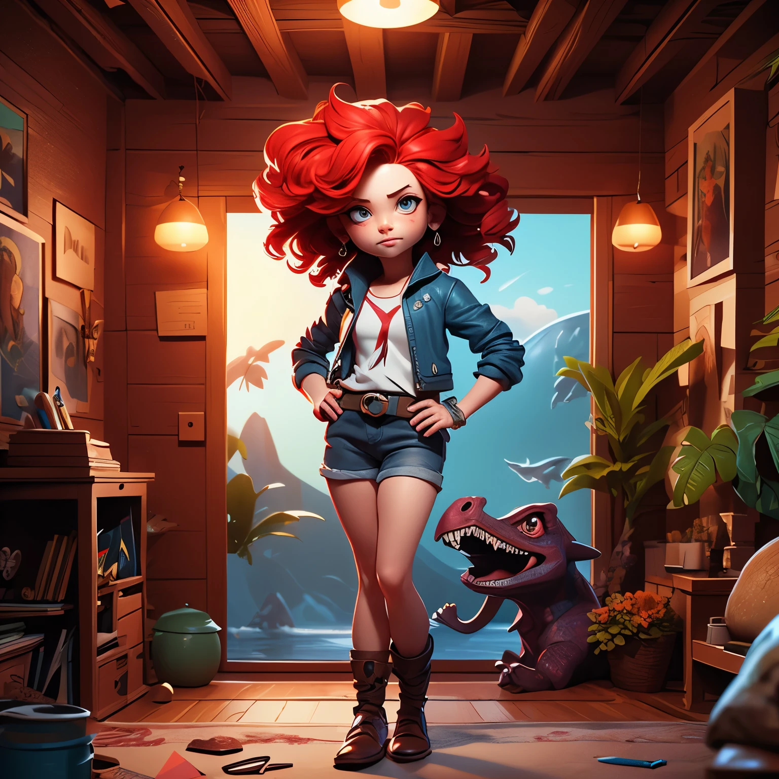 Androgyne dans style du dessin animé Jurassic World La Colo du crétacé, with red hair and badass looks