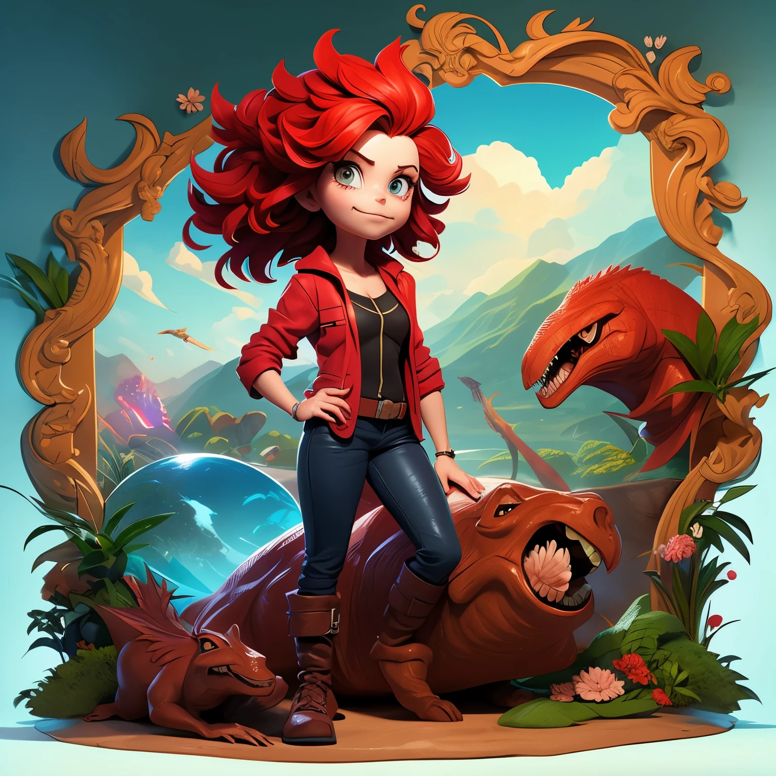 Androgyne dans style du dessin animé Jurassic World La Colo du crétacé, with red hair and badass looks