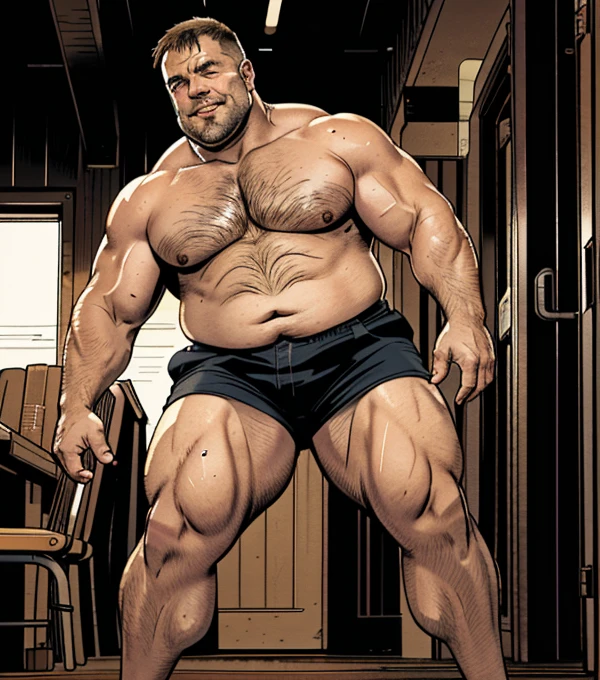Intense cinematic scene, Full-body shot, Robust and robust real-world environment, short-hair, thick arm muscles, thick leg muscles, bbw, strong, Fat middle-aged man with a bright smile, wear shorts, fotografia de Corpo completo imagem de corpo inteiro, low side angles. Detailed image dynamic image. He doesn't wear clothes.Only plump, chubby, extremely thick thighs, large belly, fat, "Two plump men with big guts, They are wearing only underwear. The image is of the highest quality, with ultra-detailed realism and vivid colors. The lighting highlights every curve and texture, creating a visually stunning portrait.(b0ndage,strap, bondage outfit), lean on the bar, in nightclub, neon lights, floated in the air shirtless Caucasian male with short dark hair and he body full tattoo. wearing black leather harness and briefs, he make black gloves. He wore fur robes, he eyes is golden. top quality, soft color, Vintage images, highres, paid reward available, High-quality illustrations, unparalleled masterpiece, absurdres(highly detailed beautiful face and eyes)perfect anatomy, expression, caustics, no lighting deep shadow, masterpiece, high quality, hi res, solo, spiked brown hair only on head, collar, brown eyes, goggles, Black loincloth, green scarf, elbow pads, knee pads, masterpiece, No muscles, Detailed hands, detailed face, detailed eyes, detailed body, Flat body, Skinny, claws, high resolution, metal cuffs on wrists, metal cuffs on ankles, no shirt, no underwear, drunk, bar, sassy