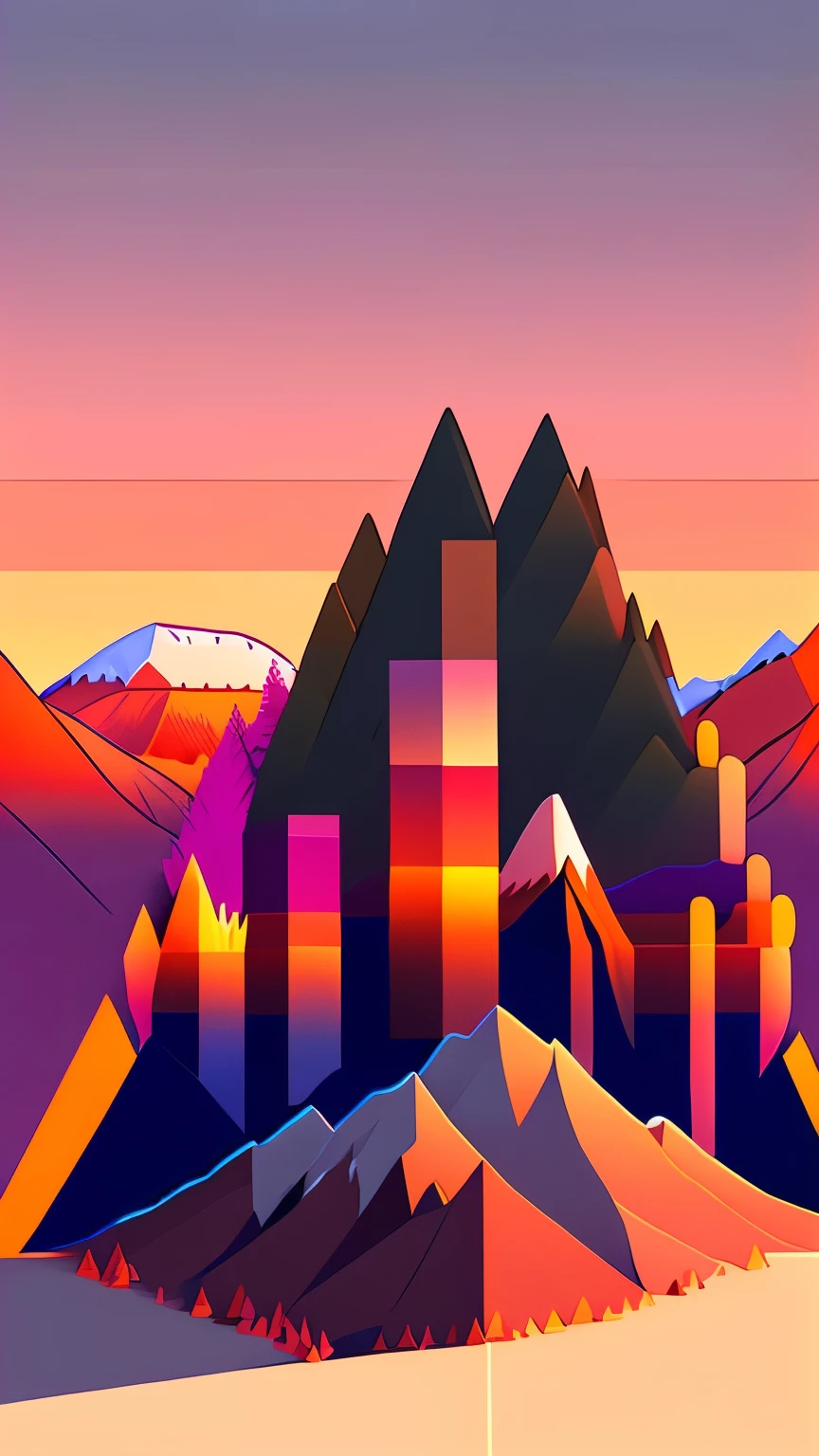 a sunset view of mountains and trees in the distance, a digital painting inspired by Mike Winkelmann, trending on behance, pixel art, beeple and mike winkelmann, realism | beeple, mountainscape, mountain sunrise, art contest winner on behance, digital art. artstation, beeple daily art, mountains and sunset!!