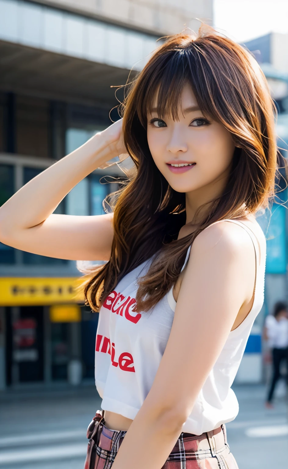 (First Person),(((Perfect anatomy with detailed depictions of the limbs))),(((Capture the essence of the action and never miss a photo opportunity))),4k,One person,Fantasy,Shiho-san with beautiful E-cup breasts and a coke bottle body,The morning sun is impressive,(((The T-shirt and red checked linen baggy pants look great.))),With my handbag in hand, I put on my pumps at the entrance and walk along the street lined with buildings with my chin up and a smile on my face.,The Monroe Walk with her coke bottle body and slim waist is irresistible,(RAW shooting, Photorealistic:1.5, 8k, highest quality, masterpiece, Ultra-high resolution), Perfect dynamic composition:1.2, (Clear brown eyes, Beautiful erotic eyes:0.8), (Mature:0.9, Fascinating:0.9),Full-body photography from behind,Ultra-Realistic Skin,Beautiful expression,A handsome face with a high, straight nose, clear chestnut eyes and glossy lips.,Using a Nikon D5,Setting is F value 1.4 ISO100 Shutter speed 1/500,8Khighest quality,Use the contrast of light and shadow to create a striking top-down photo using darkness and the morning sun.,
