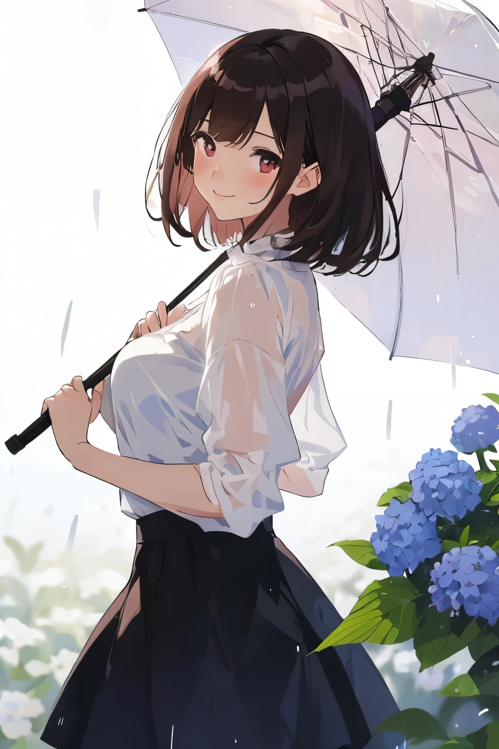 best quality, masterpiece, (solo:1.2), (1 Female:1.2)、Age 25、Larger breasts、(Slender figure)、From the side、sheer white blouse、clothes wet with rain、(Checkered Skirt)、Holding an umbrella、(White highlight in pupil:1.2)、Dark reddish brown eyes、(Black-haired:1.2)、(Medium Hair)、(View your viewers:1.2)、White skin、(blush)、(A shy smile)、(I blur the background a lot to make the woman stand out.:1.3)、Beautiful hydrangea flowers for background、light rain、garden