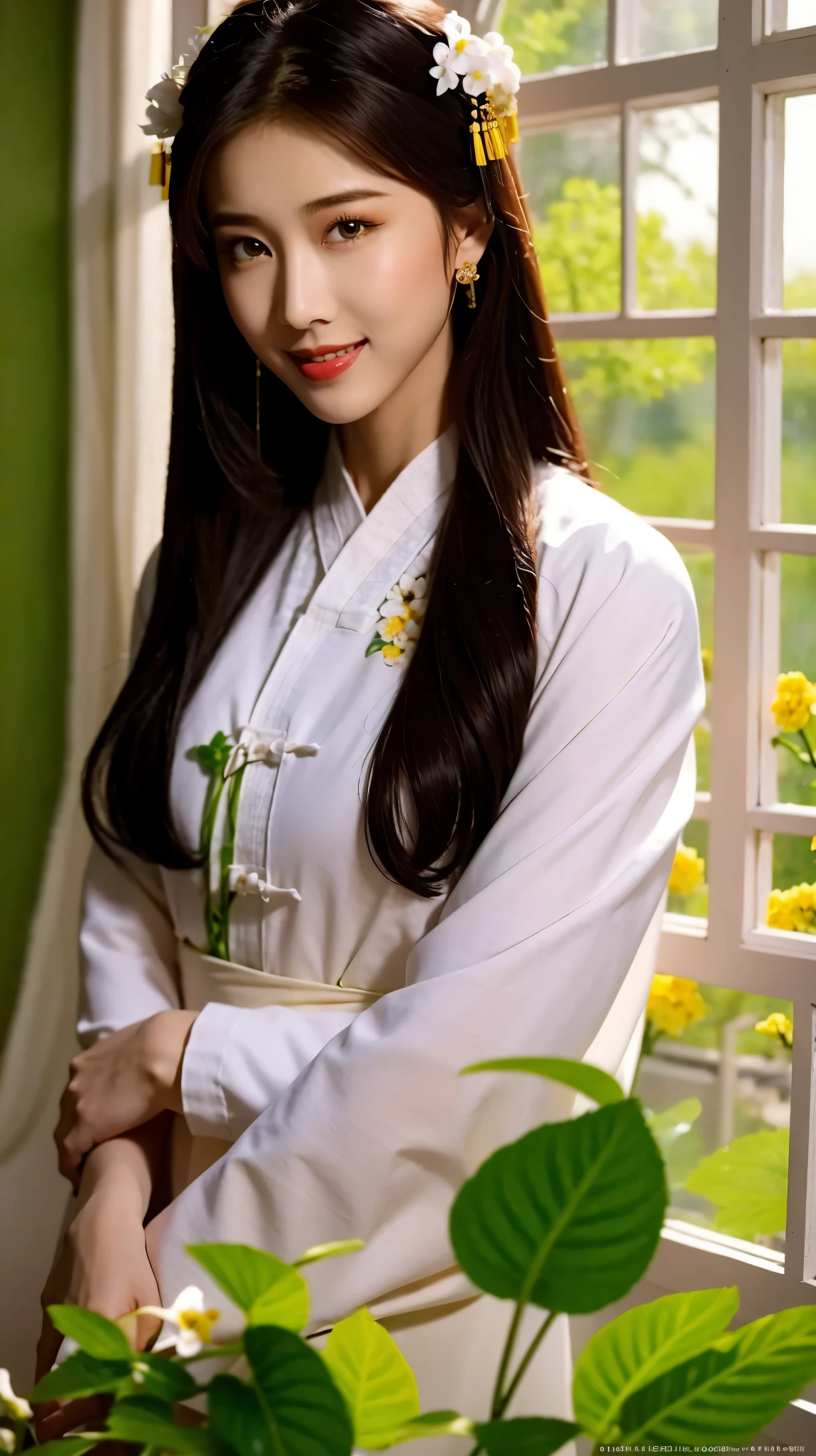 Fashion model 20 years old [[[[close up]]]], [[[[neck]]]], [[[[Shoulder]]]], Perfect eyes, Perfect iris，Perfect lips，Perfect Teeth，Perfect skin，White skin，Soft headlight，High-density imaging review，Black long hair，（Face is clear and delicate），((White Chinese clothing))，((Sexy))，((Smile))，((Background is indoor))，((There are green trees and flowers outside the window))，best quality，masterpiece，（Soft colors：1.2）