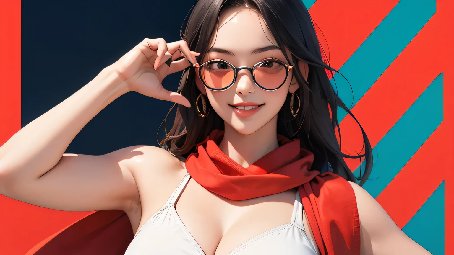 (masterpiece, best quality, 8k wallpaper, high resolution, ultra-realistic) Solo woman, Japanese girl, 18 years old, long hair, sunglasses, long red scarf around neck, (masterpiece: 1.2, best quality), (realistic, photorealistic: 1.4), (masterpiece, best quality), looking at you, navy blue school swimsuit, cleavage, D cup, sexy pose, kenpo pose, full body, best proportions, white skin, black hair, looking forward, smiling, 1970s sunglasses, psychedelic background