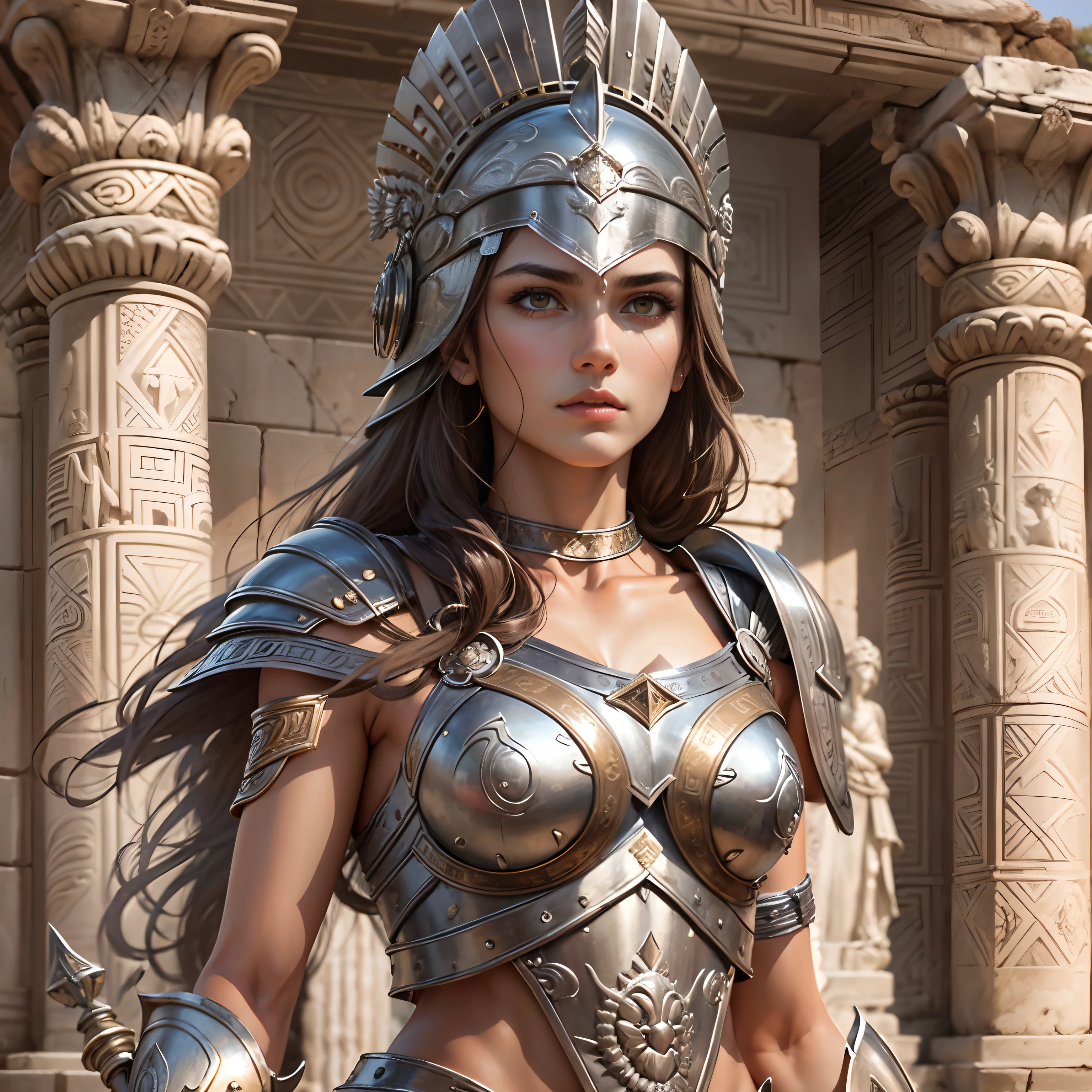 Lutadora sagrada feminina, olhos castanhos, cabelo castanho, Pele clara, elegante e bonito, Serious and friendly, delgado, armadura peitoral prateada, capacete corinthiano prata, armed with spear and hoplite round shield, Super accurate description of the hands, In front of an ancient Greco-Roman temple with a statue of the Goddess Athena, epic fantasy art, Fotorrealista, super alta qualidade, detalhe super alto, Obra de arte, 4k, 8K, HDR