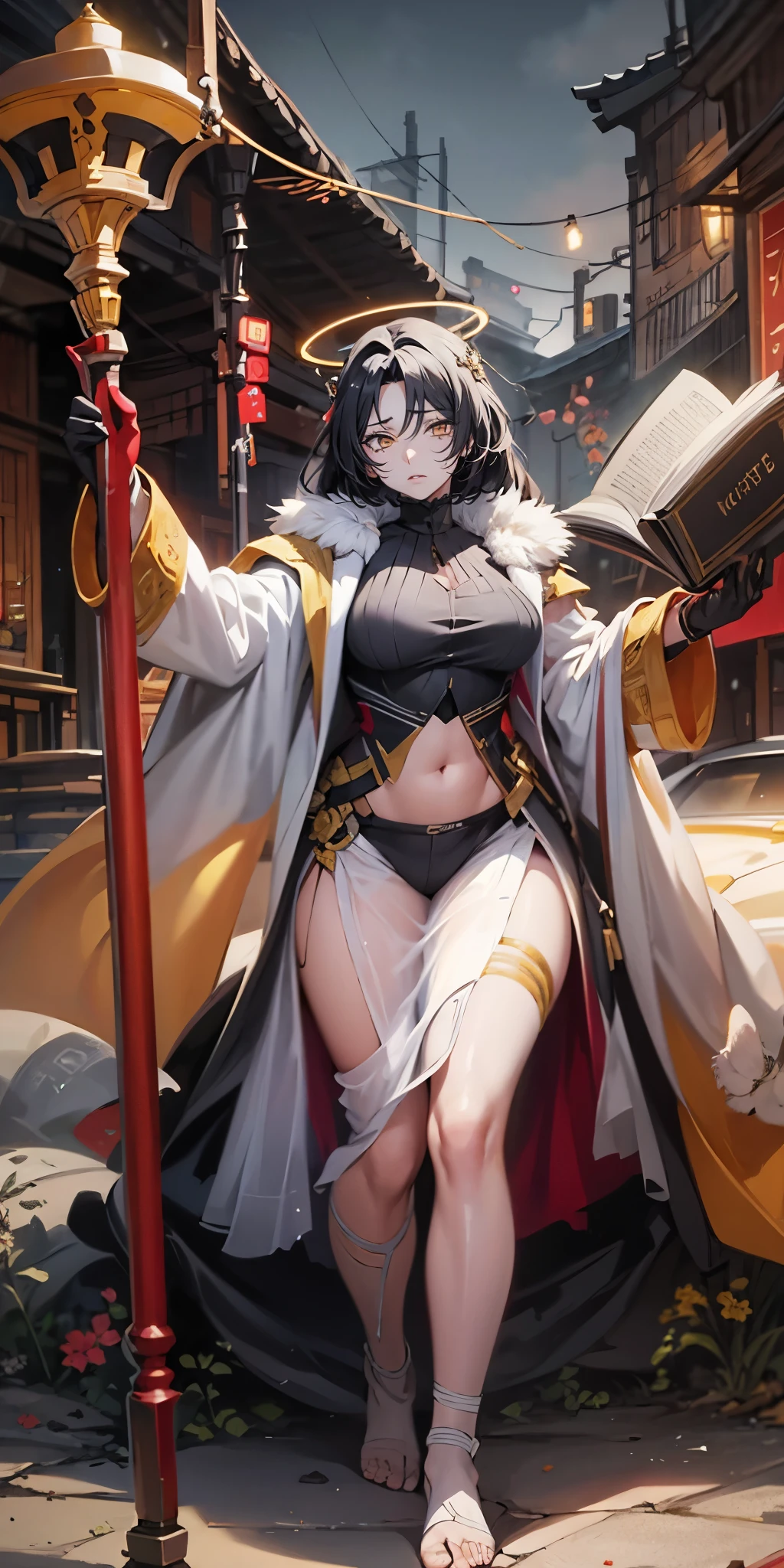 (long hair:1.3), black hair, curvy, anatomically correct, solo, 1girls, holding, female focus, book, staff, floating, robe, open book, holding staff, "glow effects, godrays, Hand drawn, render, 8k, octane render, cinema 4d, blender, dark, atmospheric 4k ultra detailed, cinematic, Sharp focus, big depth of field, Masterpiece, colors, 3d octane render, 4k, concept art, trending on artstation, hyperrealistic, Vivid colors, extremely detailed CG unity 8k wallpaper, trending on CGSociety, Intricate, High Detail, dramatic", fog, outfit-origami, halo, veil, navel, elbow gloves, (shaded face:1.2), hollow eyes, golden eyes, looking at viewer, heavy breathing, sad expression, gloomy expression,