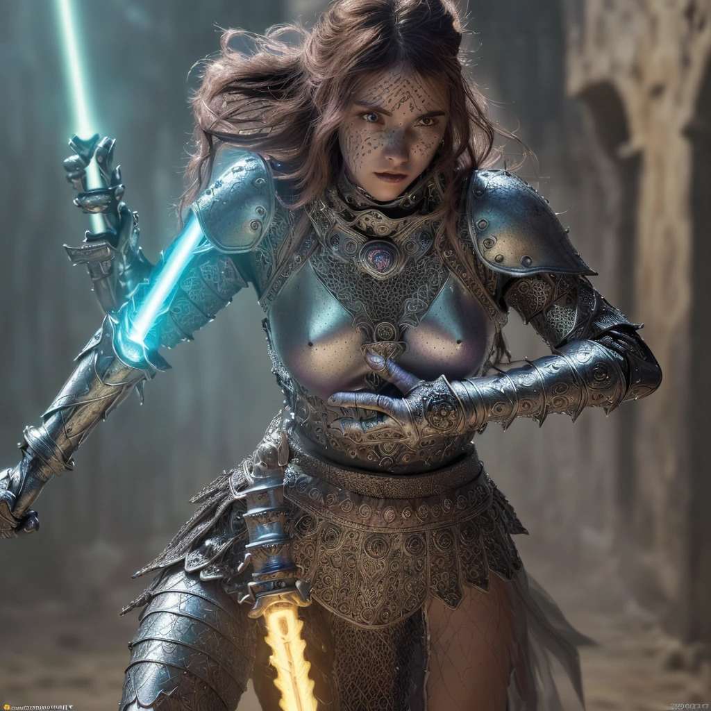 detailed fantasy female warrior,1girl,ornate chainmail armor,protective colorful clothing,wielding light saber,(best quality,8k,highres,masterpiece:1.2),ultra-detailed,(realistic,photorealistic,photo-realistic:1.37),intricate details,cinematic lighting,dramatic pose,epic fantasy,glowing energy sword,detailed textures,volumetric fog,vivid colors,dramatic shadows