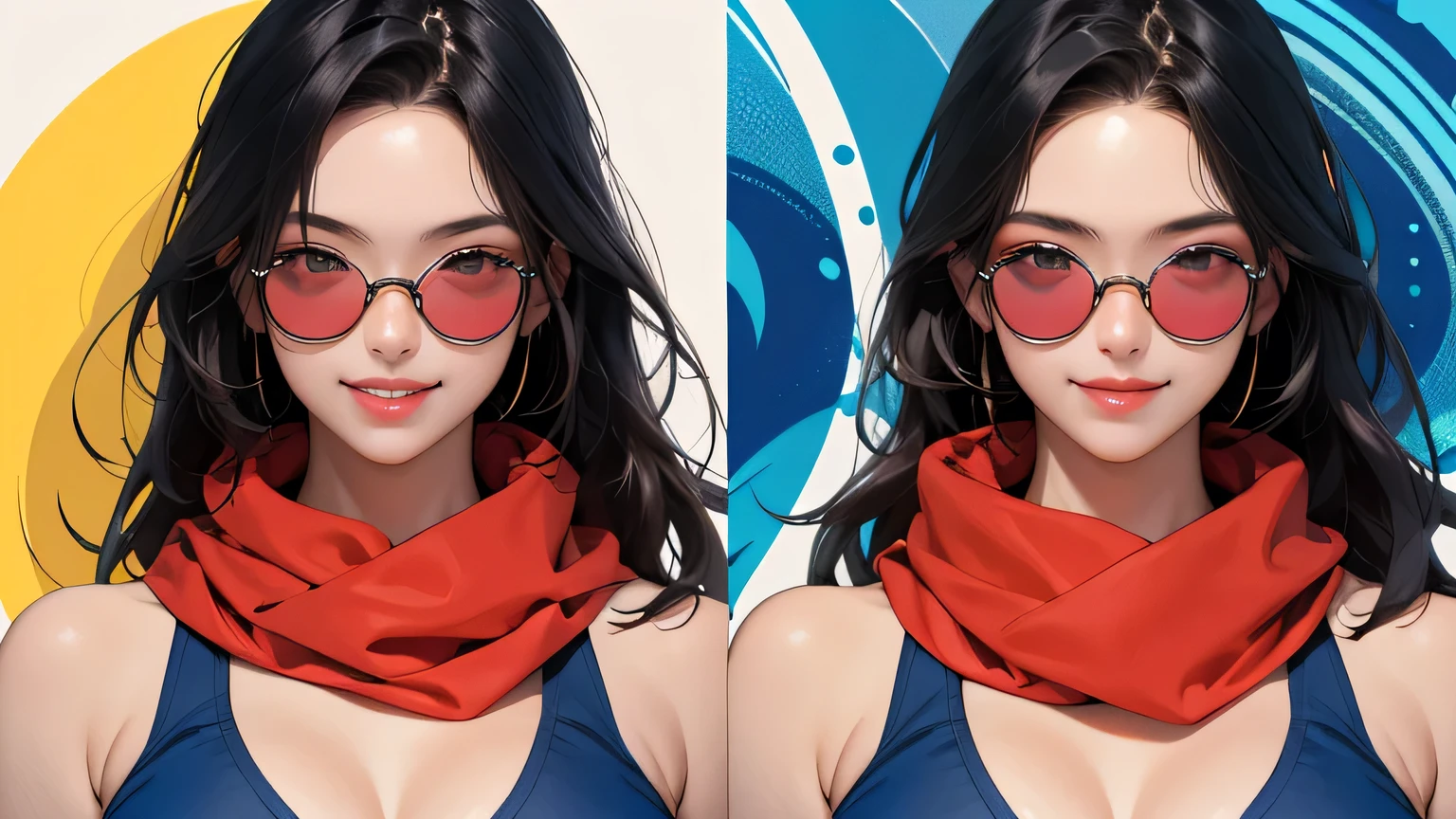(masterpiece, best quality, 8k wallpaper, high resolution, ultra-realistic) Solo woman, Japanese girl, 18 years old, long hair, sunglasses, long red scarf around neck, (masterpiece: 1.2, best quality), (realistic, photorealistic: 1.4), (masterpiece, best quality), looking at you, navy blue school swimsuit, cleavage, D cup, sexy pose, kenpo pose, full body, best proportions, white skin, black hair, looking forward, smiling, 1970s sunglasses, psychedelic background