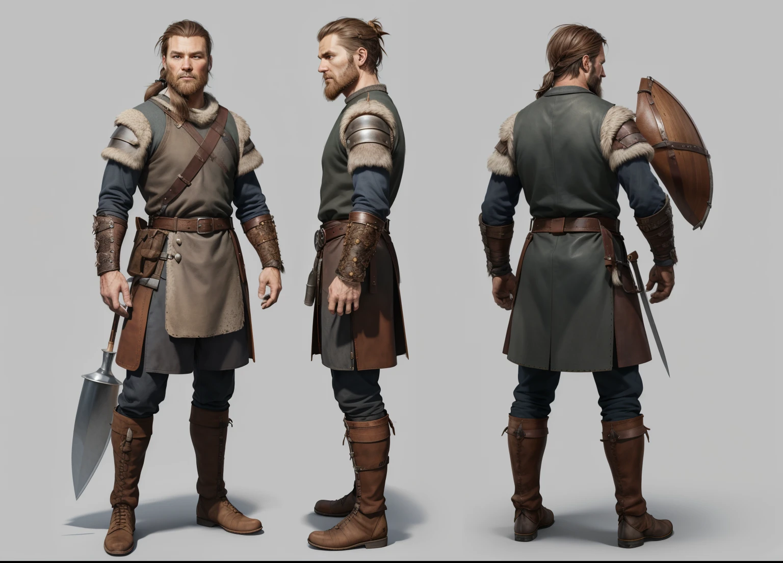 ( Realistic:1.33),(masterpiece:1.1),(highest quality:1.1),(HDR:1) a close up of a hunter villager with quiver on back, medieval villager , tattered wool cloth, full body concept, detailed full body concept, Viking ranger style, Viking protective, Portrait of a Viking, Viking warrior, Viking culture, Nordic warrior, Viking costume, Ancient Viking warrior, wearing Viking clothing, male Viking, with Machado, Nordic inspiration, full body character concept,costume concept design, full body details, detailed full body concept art, full character body, character model sheet turnaround, fullbody shot turnaround, concept character sheet, full body concept art, reference model sheet , full body concept art, RPG style character, game character design, 3d character reference sheet, video game character concept, detailed character design, character sheet, [ character model sheet turnaround ], front and back, ((front and back)), grey clean background, 3D character, leather belt, leather boots with rob, ((gambeson cloth with seam on sleeve)), dim blue gambeson, leather belt on chest, ((gambeson cloth)), (((Quiver on back))),(((whiskey leather flask on belt))),((pouch on belt)), tattered trouser