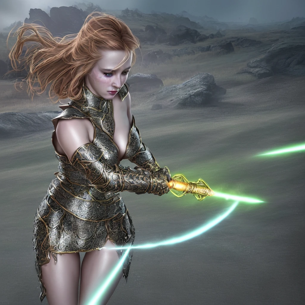 detailed fantasy female warrior,1girl,ornate chainmail armor,protective colorful clothing,wielding light saber,(best quality,8k,highres,masterpiece:1.2),ultra-detailed,(realistic,photorealistic,photo-realistic:1.37),intricate details,cinematic lighting,dramatic pose,epic fantasy,glowing energy sword,detailed textures,volumetric fog,vivid colors,dramatic shadows