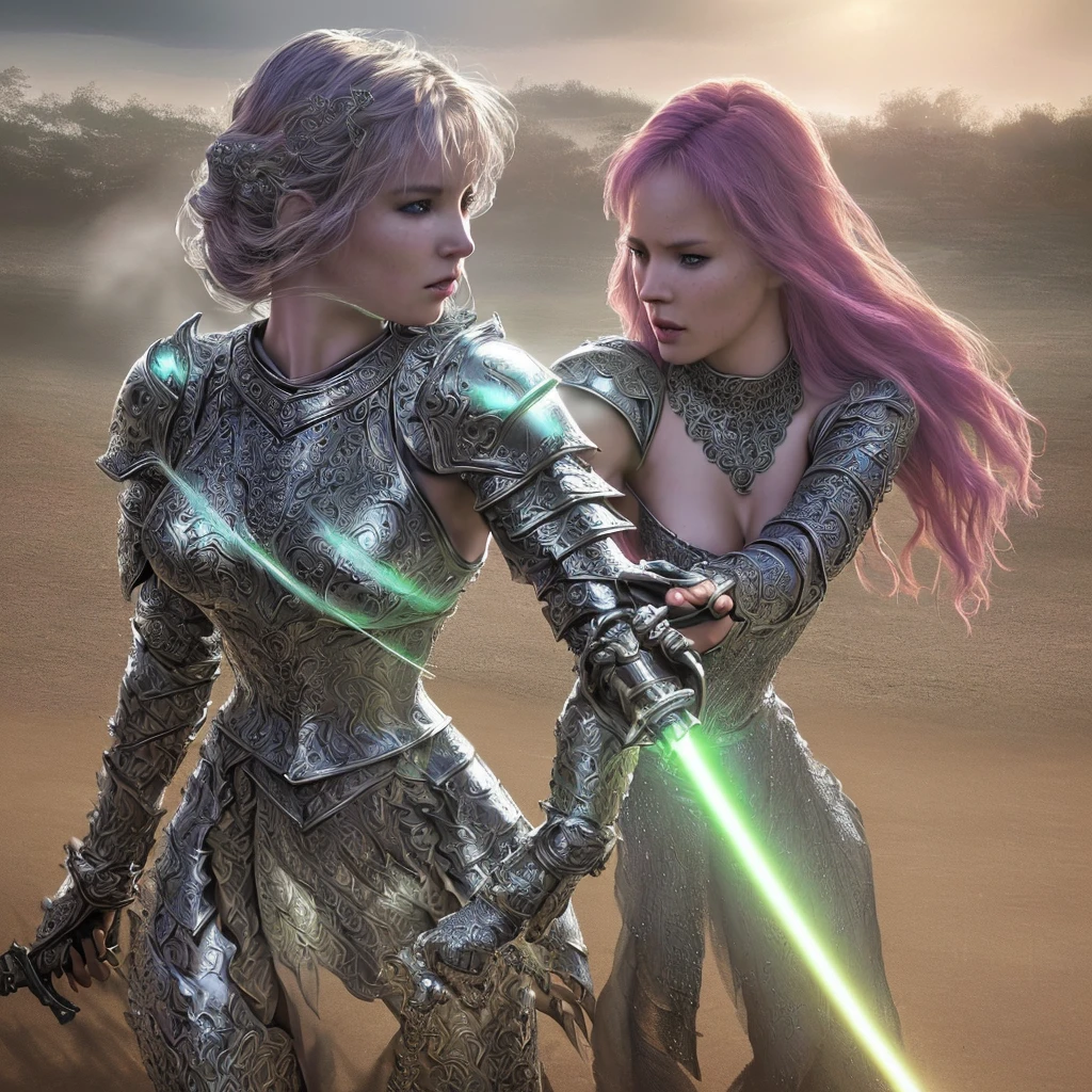 detailed fantasy female warrior,1girl,ornate chainmail armor,protective colorful clothing,wielding light saber,(best quality,8k,highres,masterpiece:1.2),ultra-detailed,(realistic,photorealistic,photo-realistic:1.37),intricate details,cinematic lighting,dramatic pose,epic fantasy,glowing energy sword,detailed textures,volumetric fog,vivid colors,dramatic shadows