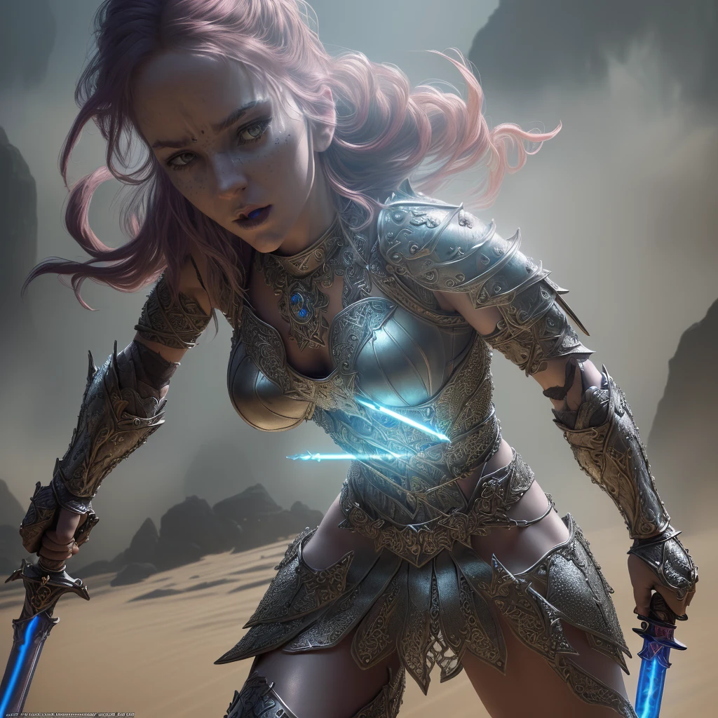 detailed fantasy female warrior,1girl,ornate chainmail armor,protective colorful clothing,wielding light saber,(best quality,8k,highres,masterpiece:1.2),ultra-detailed,(realistic,photorealistic,photo-realistic:1.37),intricate details,cinematic lighting,dramatic pose,epic fantasy,glowing energy sword,detailed textures,volumetric fog,vivid colors,dramatic shadows
