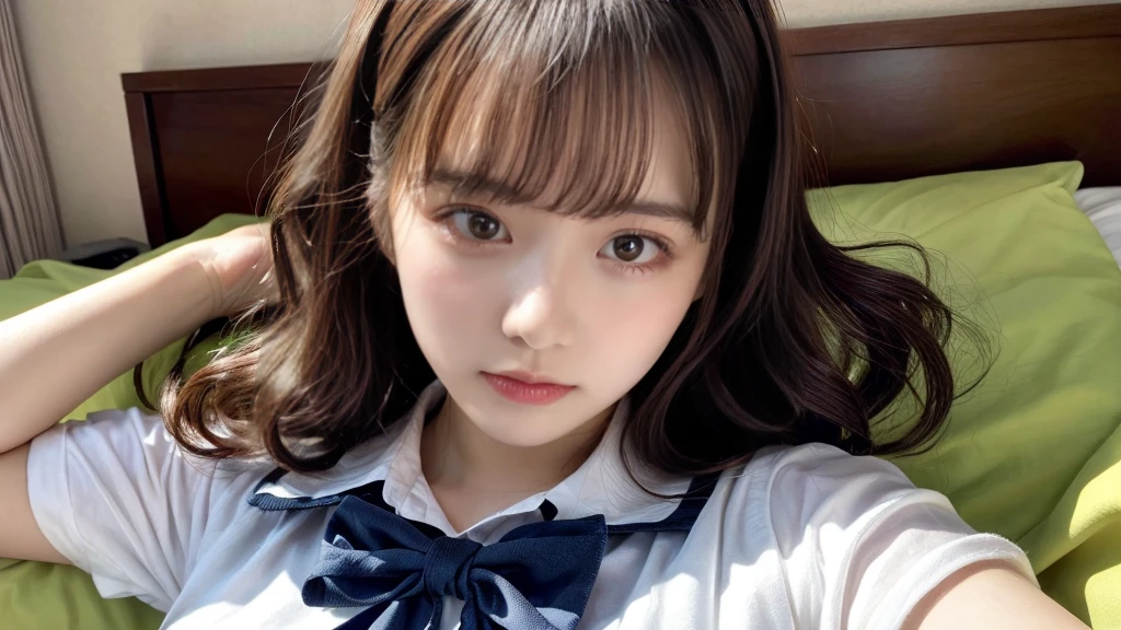 masterpiece, best quality, illustration, Super detailed, fine details, High resolution, 8K,wall paper, perfect dynamic composition,(Details High quality, realistic depiction of eyes:1.3), lie on bed, short hair, (wavy hair:1.2), High School Classroom、High school girl uniform、Colossal tits、Disturbed uniform, huge breasts, black hair color, Big Natural Color Lip, bold sexy pose, crying a little、cold gaze, Harajuku style、20 year old girl、cute type、ta、hotel room, Sexy shot, make up, (lie on one’s back, sleeping on bed, (head shot:1.5)), ((overhead shot)),