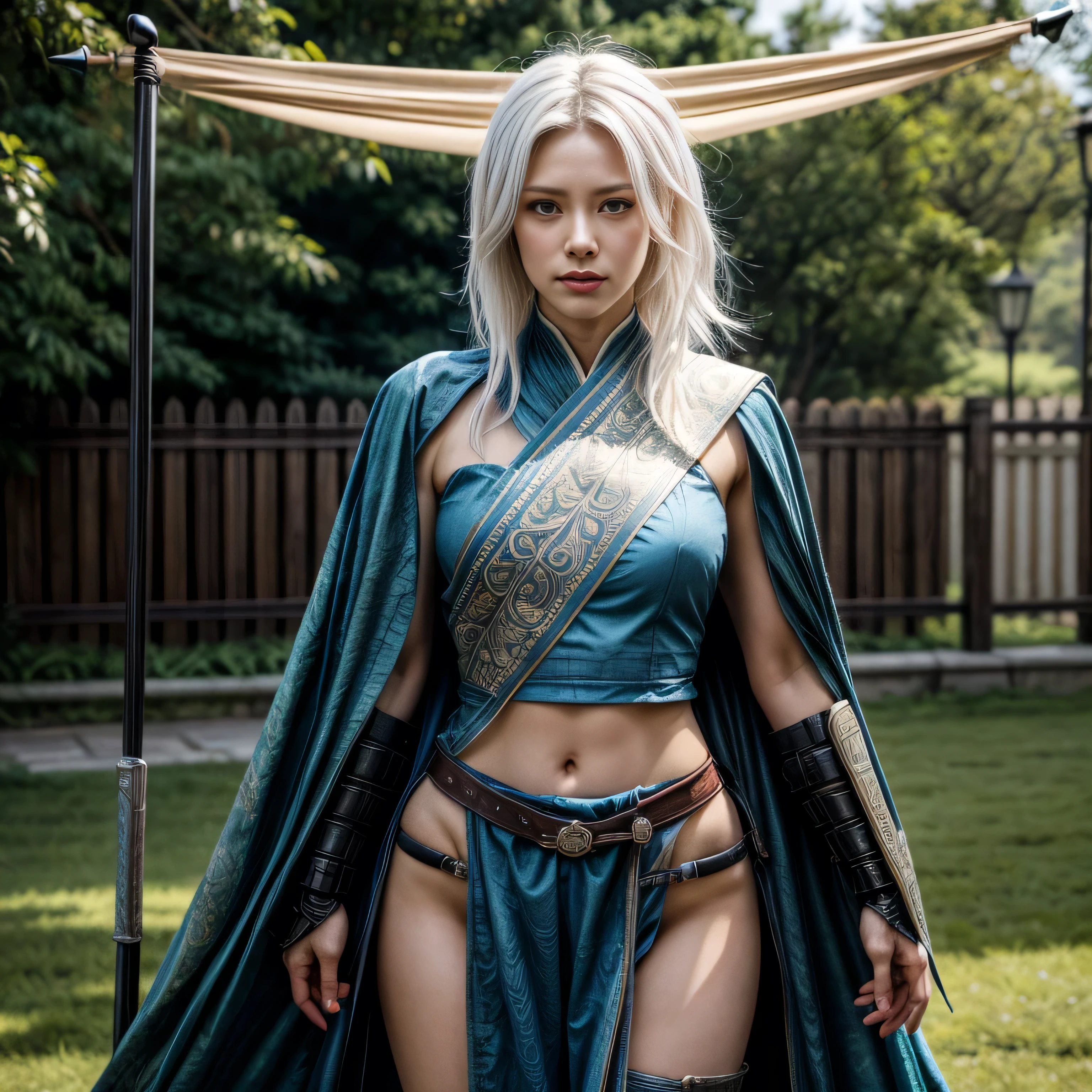 photorealistic, masterpiece, photorealistic, high resolution, soft light, hips up, blue eyes, white hair, long hair, Intricate details EABA, cloaks, short steel claws, Royal Shogun, Armor, warrior, medium breasts, flags in windy hill