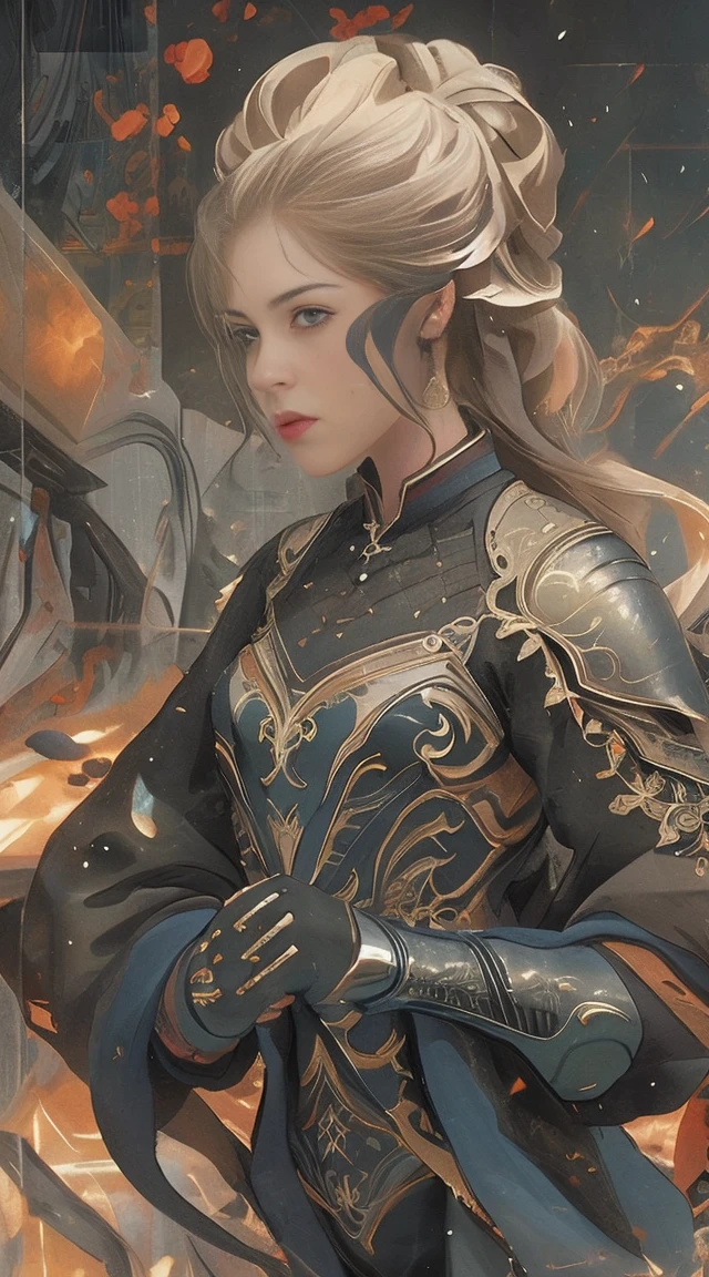 ((a women's war with armor, action pose: 1.5)), war grit, color, (best quality, 4k, 8k, high resolution, high resolution: 1.2), ultra detailed, (realista, photorealista, photorealista: 1.37), intricate details, hypercalidad, high detail, digital painting, dramatic cinematic illumination, epic fantasy style, dynamic composition, powerful expression, physical muscle, fluid capa, brilliant metal armor, perforated gas, postura lista para la batalla