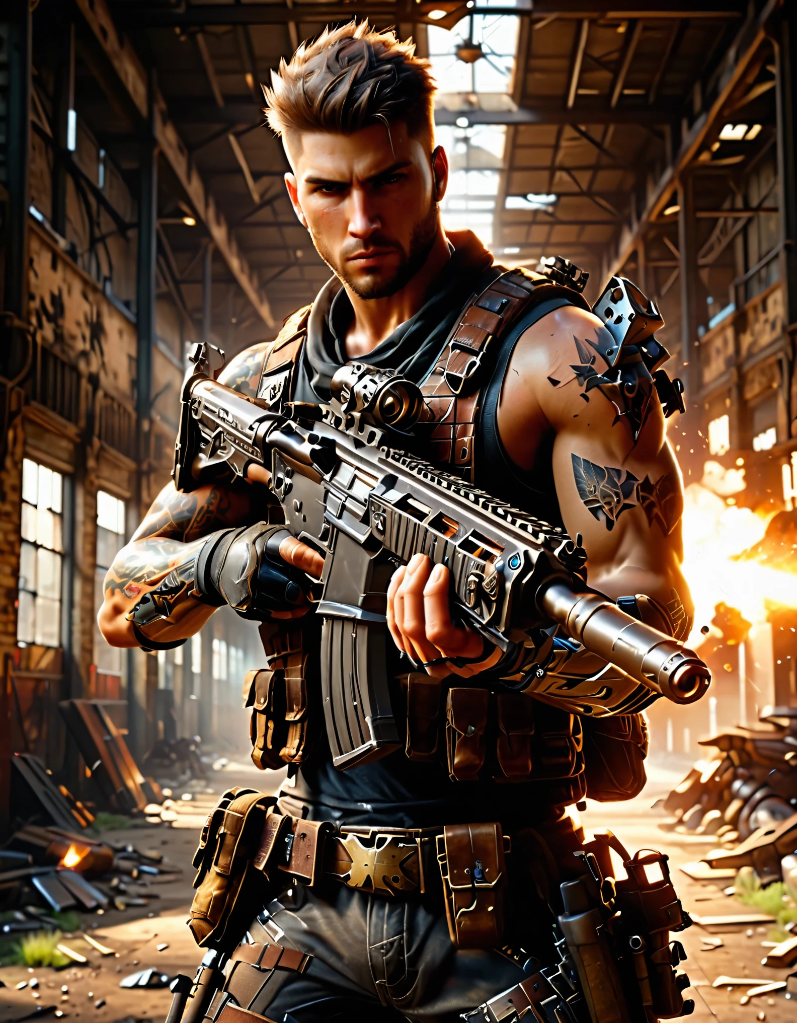 best quality, super detail, masterpiece, photography, scene: spacious abandoned warehouse, theme: mercenary, character: male gunslinger, appearance: muscular build, brown hair, short hair, spiky hair, short hair, brown eyes, action: fighting stance, facial expression: smirk, (using assault rifle), tactical vest, mafia sports tattoos, cybernetic enhancements in arms, perspective: 4K.